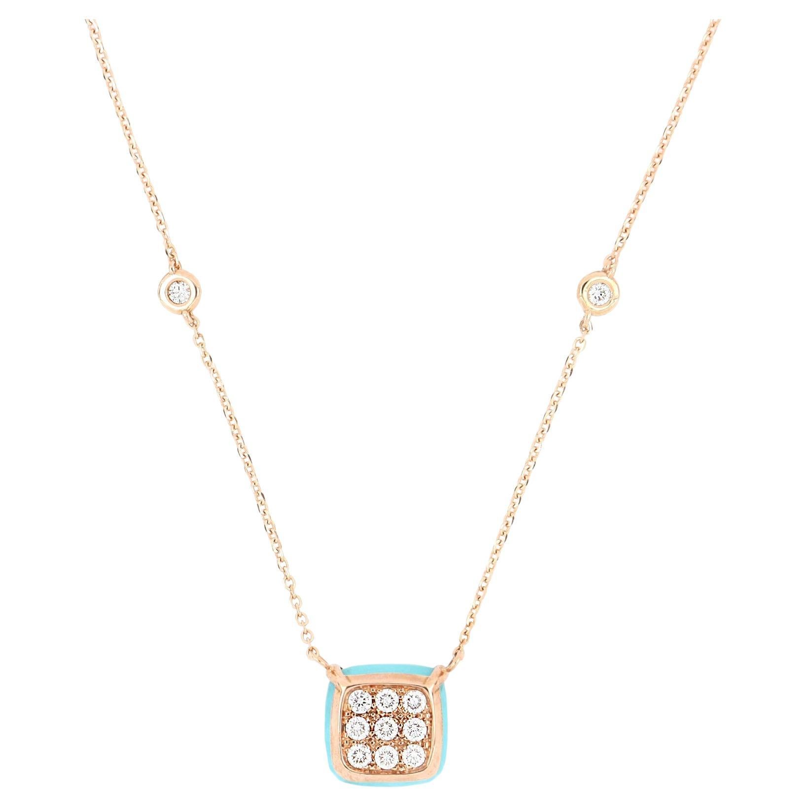 Les Petits Bonbons Necklace Square with Turquoise and Diamonds For Sale
