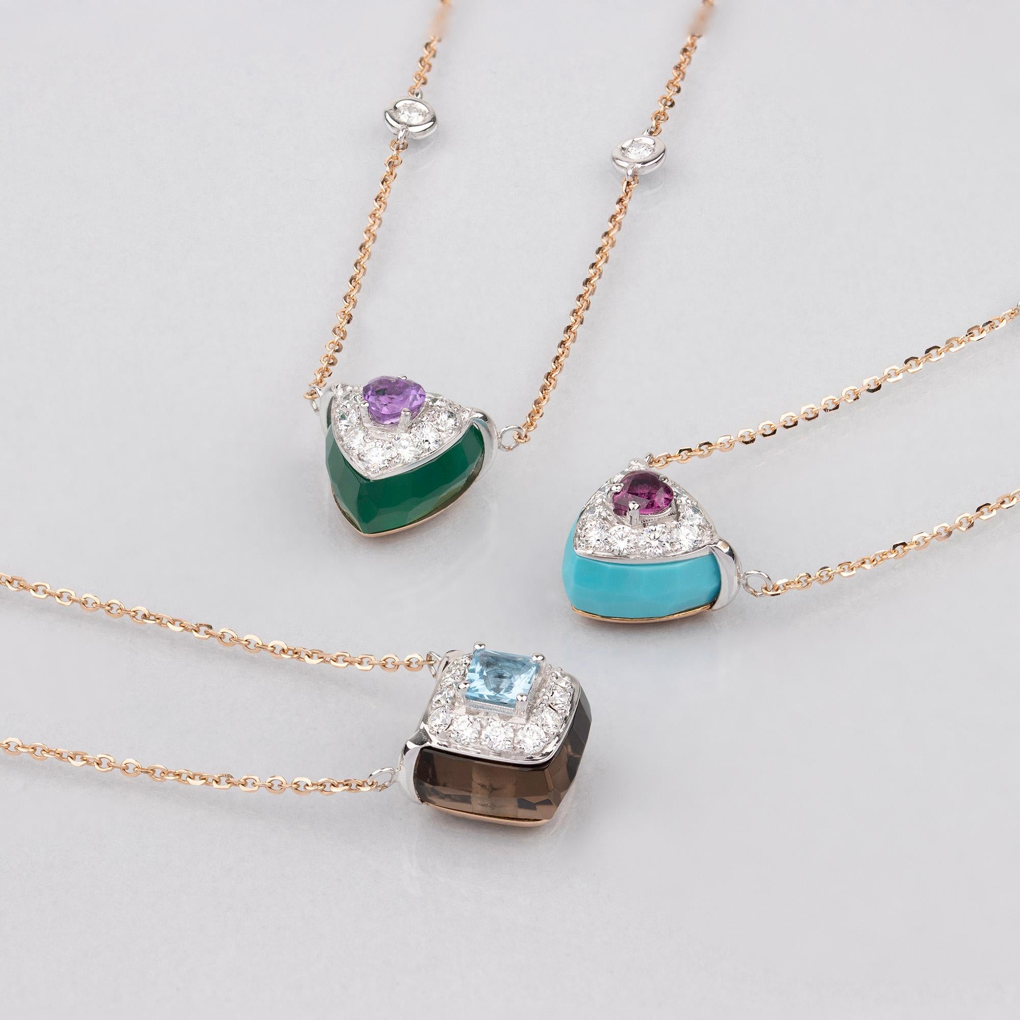 Round Cut Les Petits Bonbons Necklace Triangle with Amethyst, Green Onyx and Diamonds For Sale