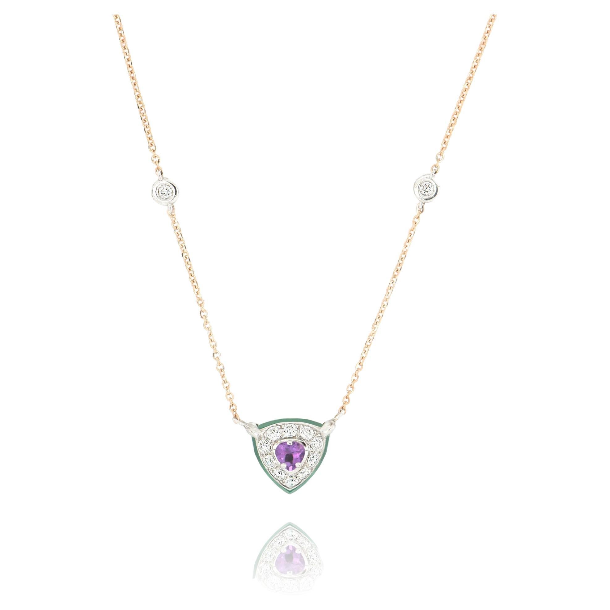 Les Petits Bonbons Necklace Triangle with Amethyst, Green Onyx and Diamonds For Sale