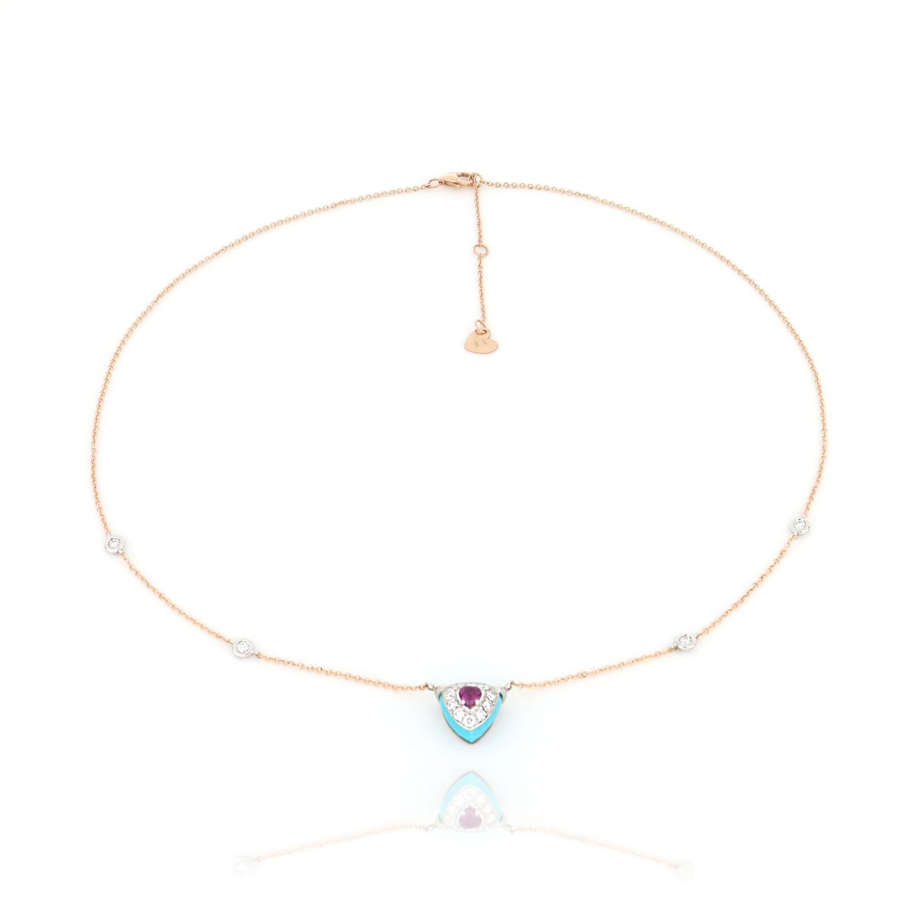 Contemporary Les Petits Bonbons Necklace Triangle with Rhodolite, Turquoise and Diamonds For Sale