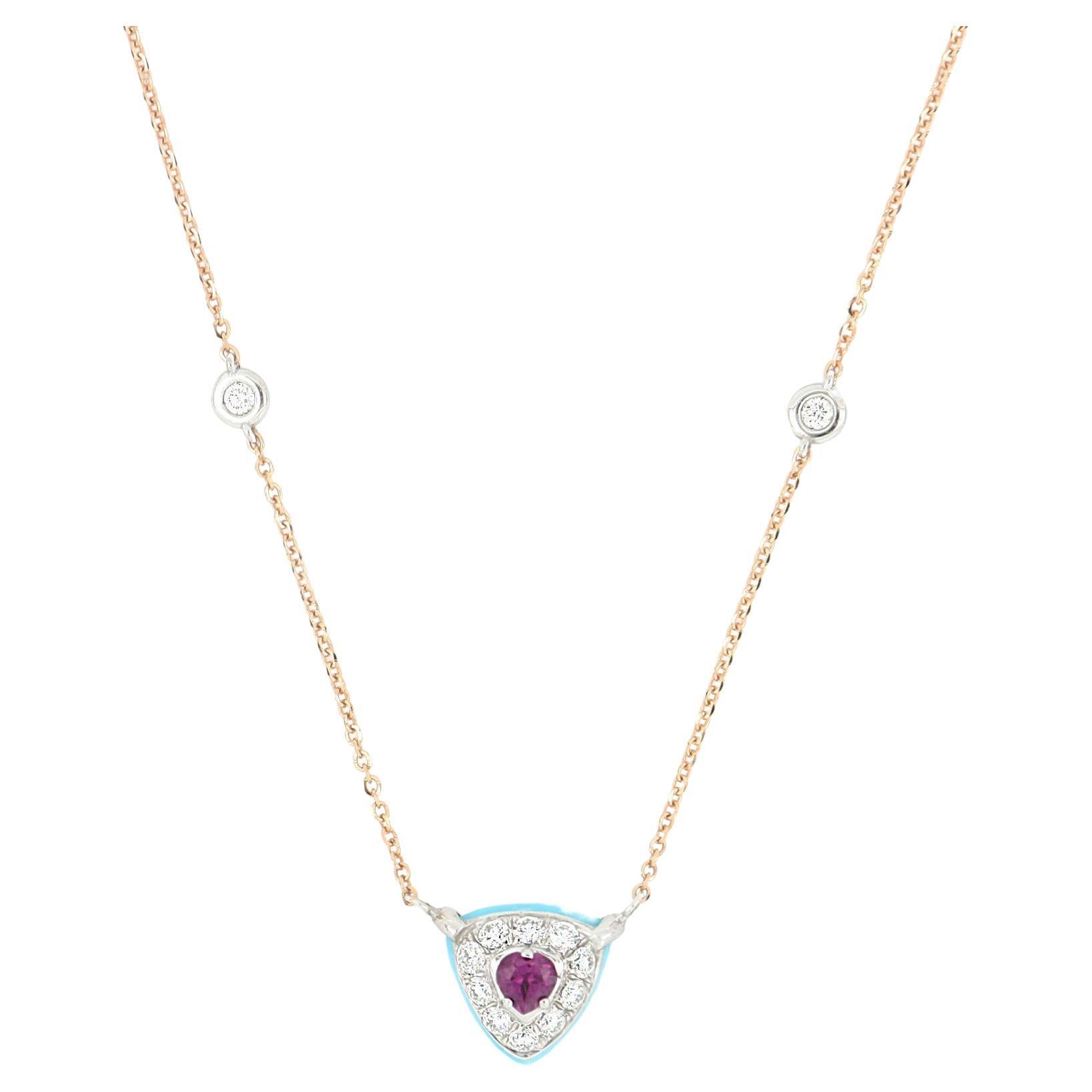 Les Petits Bonbons Necklace Triangle with Rhodolite, Turquoise and Diamonds For Sale