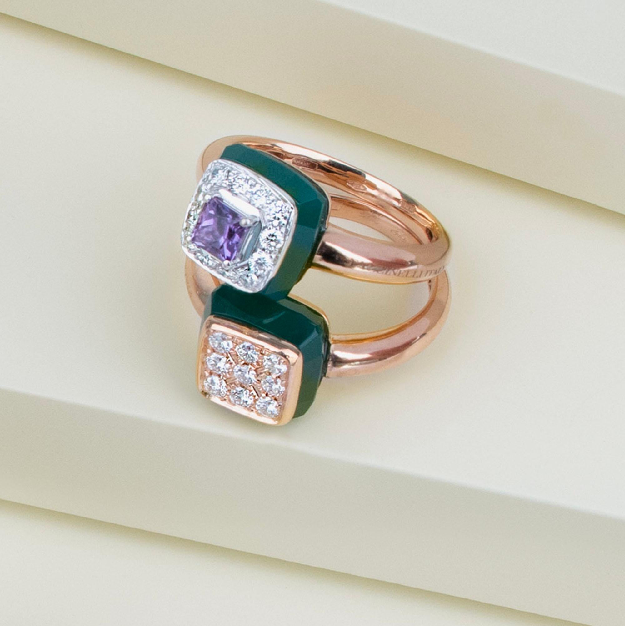 For Sale:  Les Petits Bonbons Ring Square with Amethyst, Green Onyx and Diamonds 3