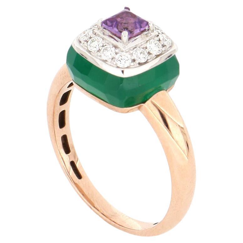 Les Petits Bonbons Ring Square with Amethyst, Green Onyx and Diamonds