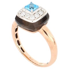 Les Petits Bonbons Bague carrée avec topaze bleue, quartz fumé et diamants