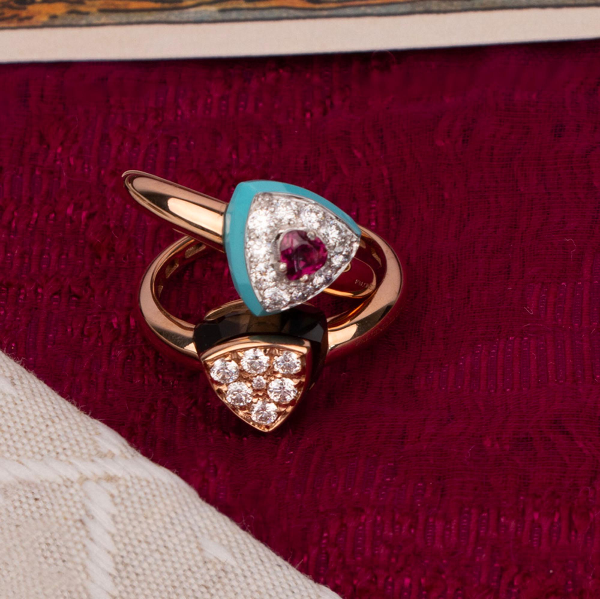 For Sale:  Les Petits Bonbons Ring Triangle with Rhodolite, Turquoise and Diamonds 4