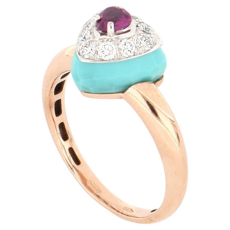 Les Petits Bonbons Ring Triangle with Rhodolite, Turquoise and Diamonds