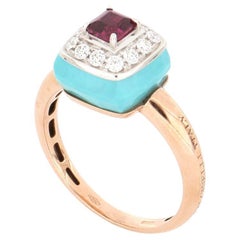 Les Petits Bonbons Square with Rhodolite, Turquoise and Diamonds