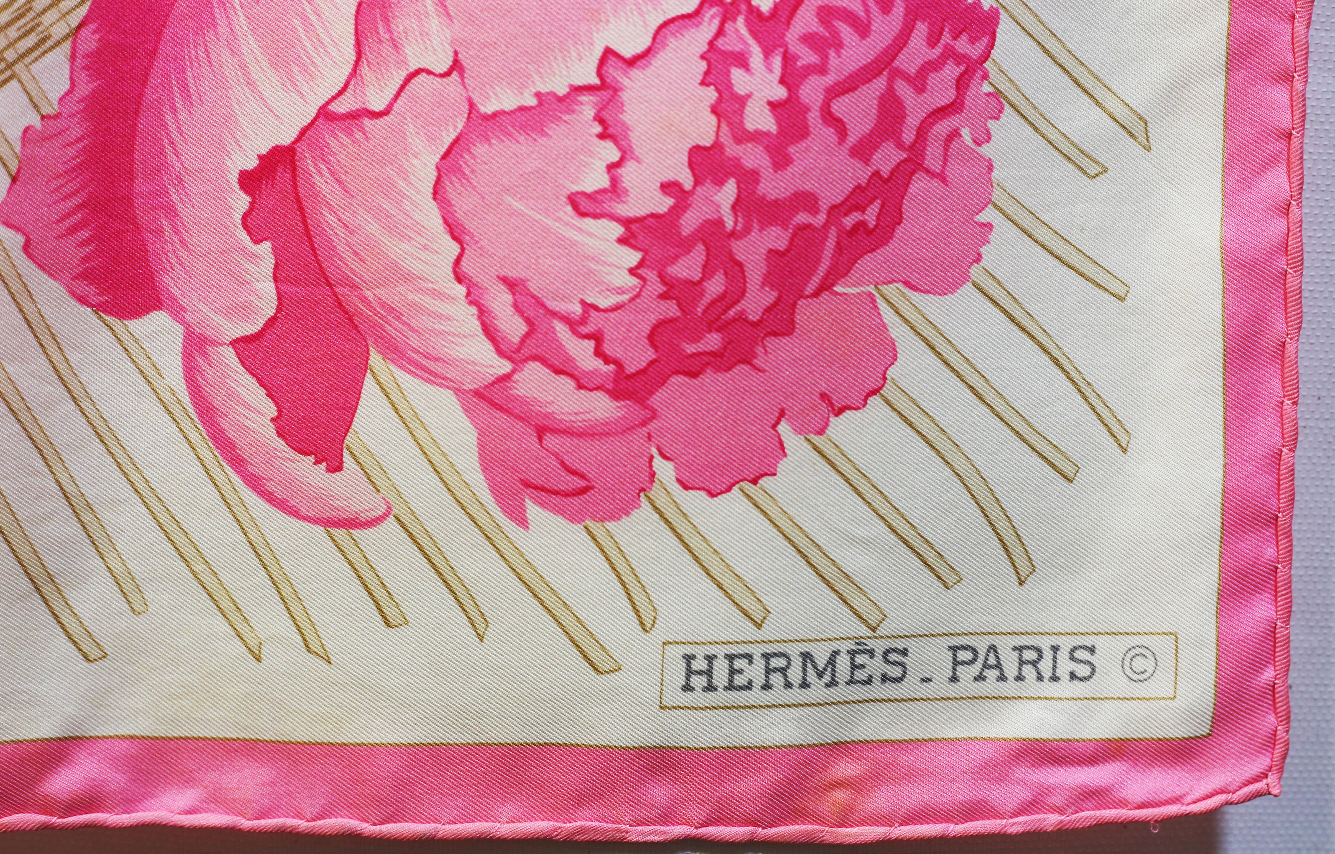 HERMES Scarf  Silk Scarf 100%  Paris, Made In France 
Les Pivoines Hermes silk twill scarf (100% silk) - Preowned
Designed by Christiane Vauzelles in 1978 


*Orders welcome  all goods are insured and we package all purchases to a high