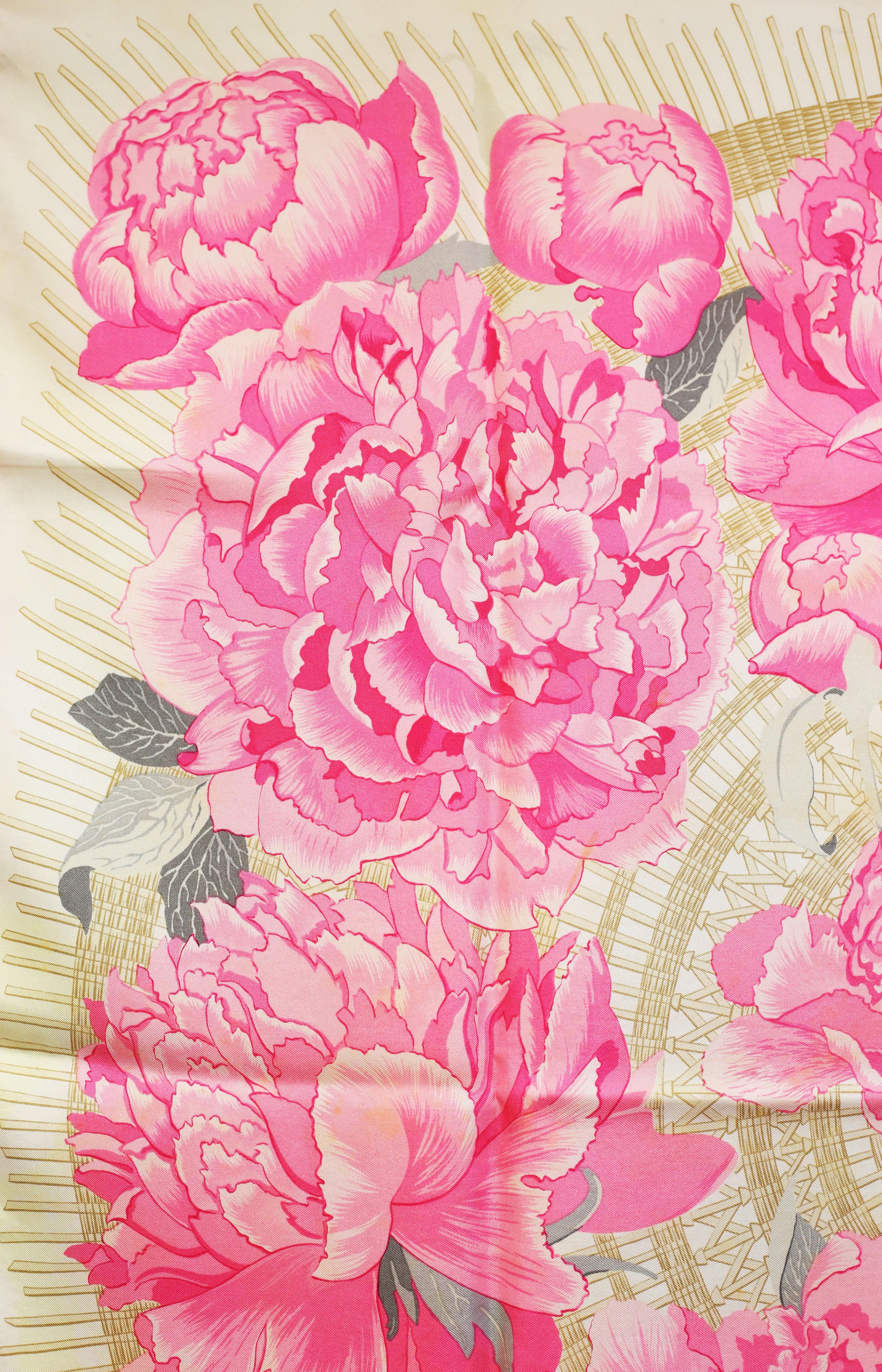 Pink Les Pivoines Hermes silk scarf by Christiane Vauzelles