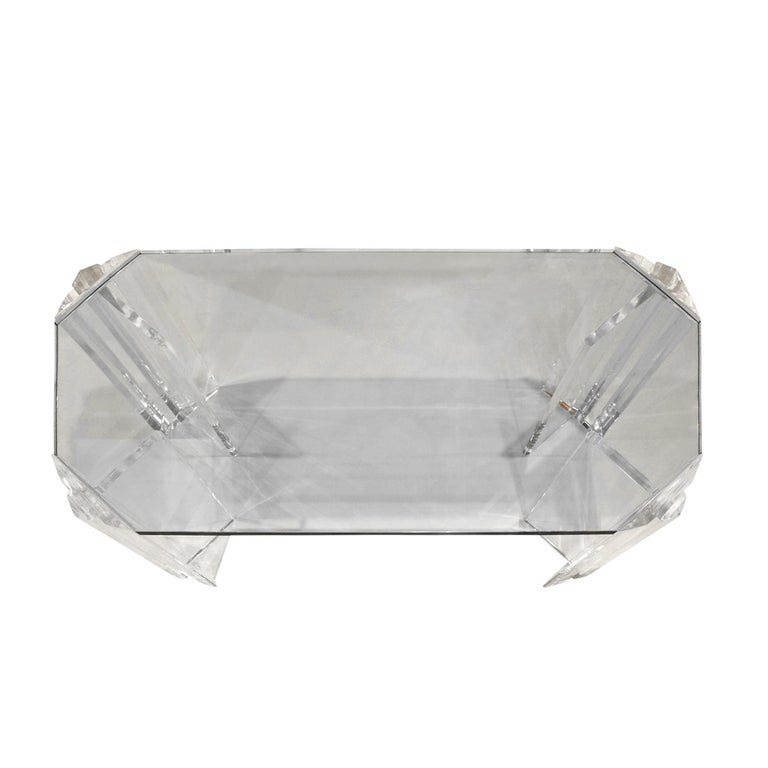 American Les Prismatiques Sculptural Coffee Table in Lucite and Glass, 1970s 'Signed' For Sale