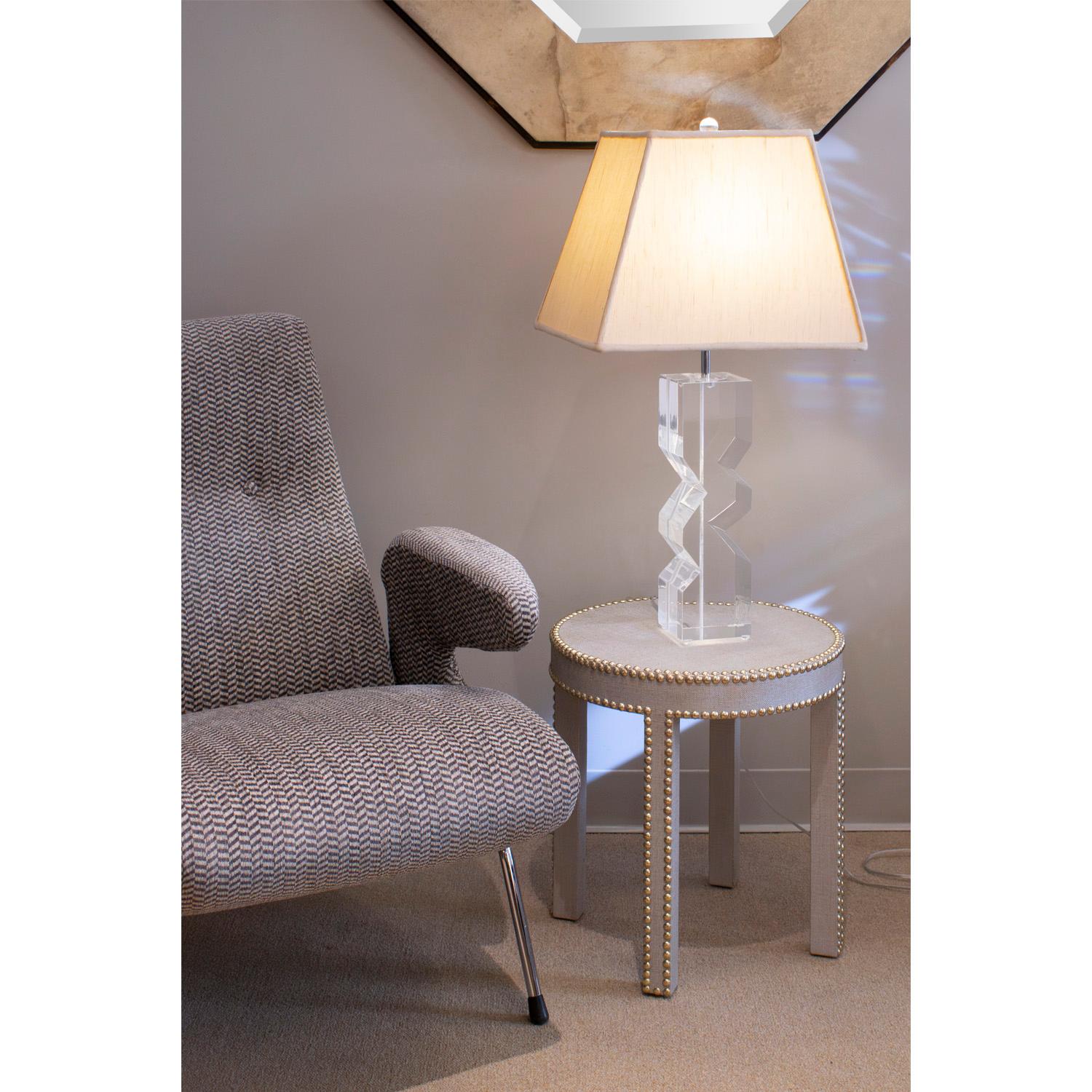 Fabric Les Prismatiques Zig Zag Table Lamp in Solid Lucite 1970s (Signed) For Sale