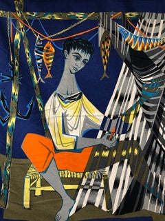 “Les remailleur de filets” Colorful Tapestry Signed “Robert Debieve”