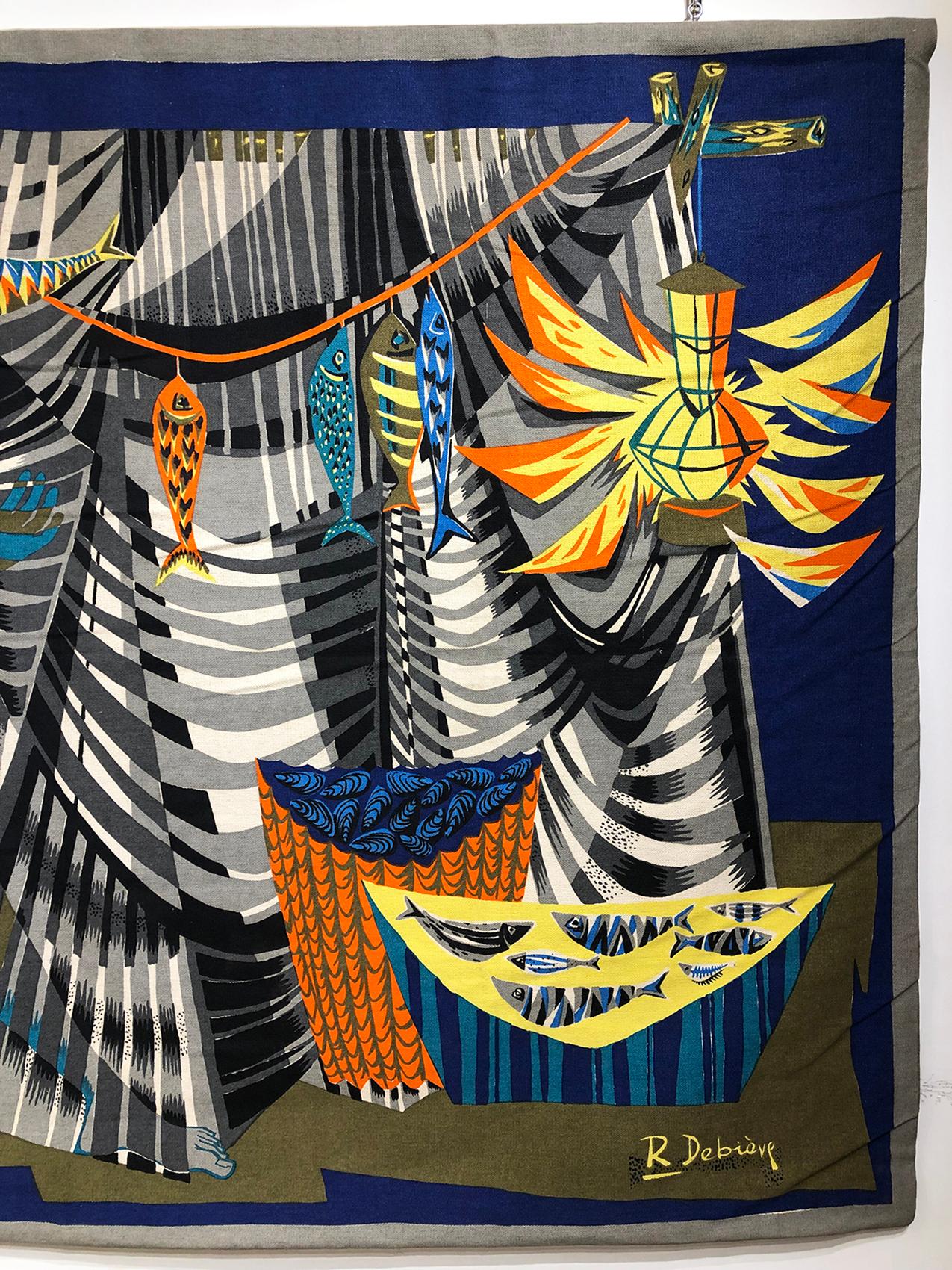 Art Deco “Les remailleur de filets” Colorful Tapestry Signed “Robert Debieve”