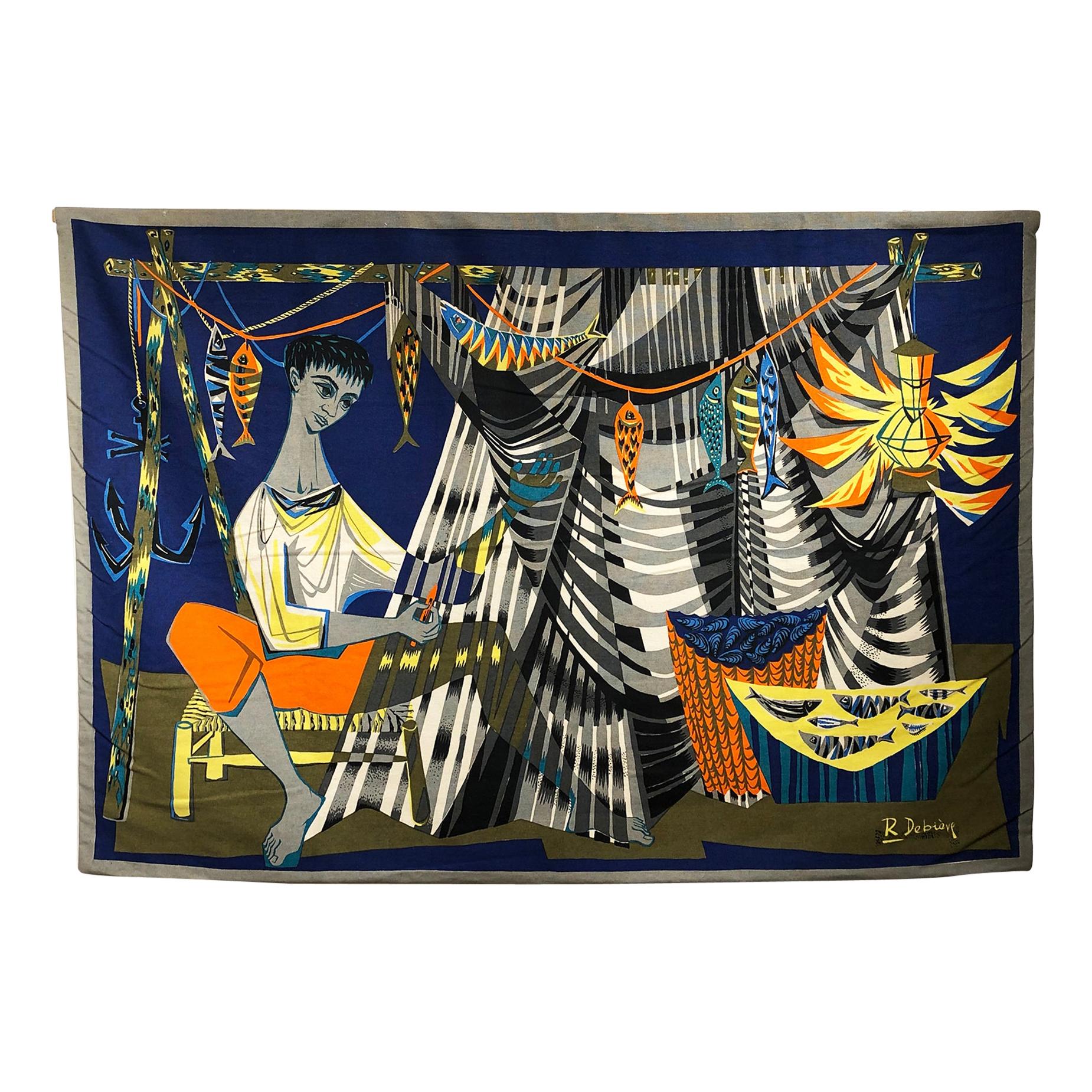 “Les remailleur de filets” Colorful Tapestry Signed “Robert Debieve”