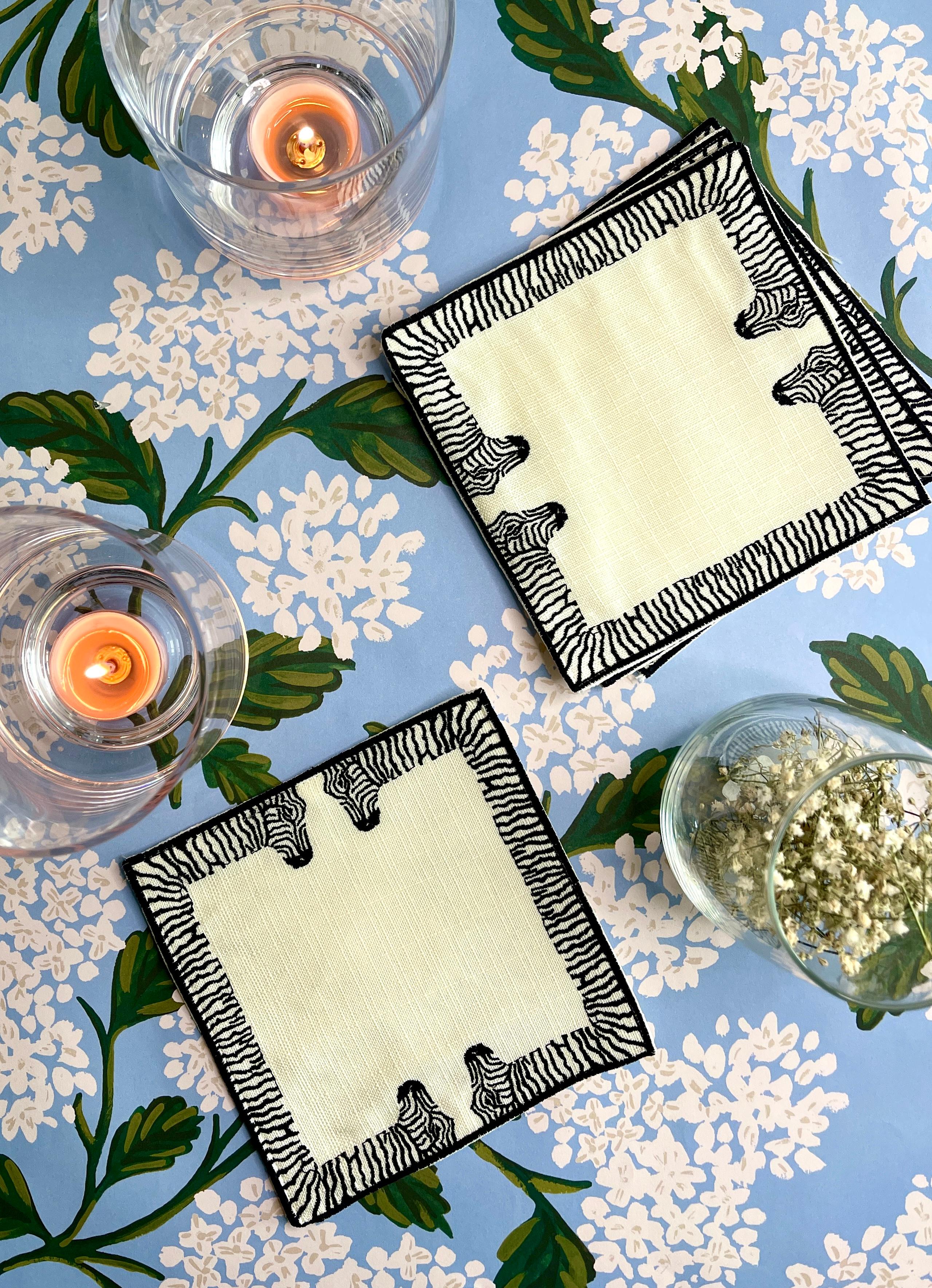 Embroidered Les Roux Linen Cocktail Napkin in Black Set of 4 For Sale