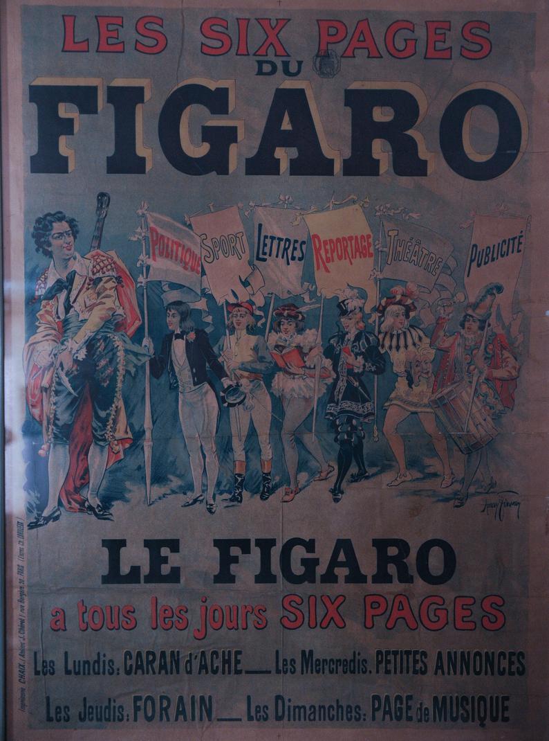 Les Six Pages Du Figaro original poster from Le Figaro French daily morning newspaper by renowned illustrator Harry Finney - France 1900's

Le Figaro is a French daily morning newspaper founded in 1826 and published in Paris & was founded as a