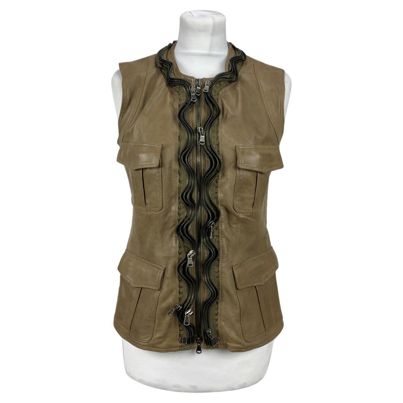 Les Soeurs Brown Leather Vest Multi Zip Sleeveless Jacket Size 42 IT