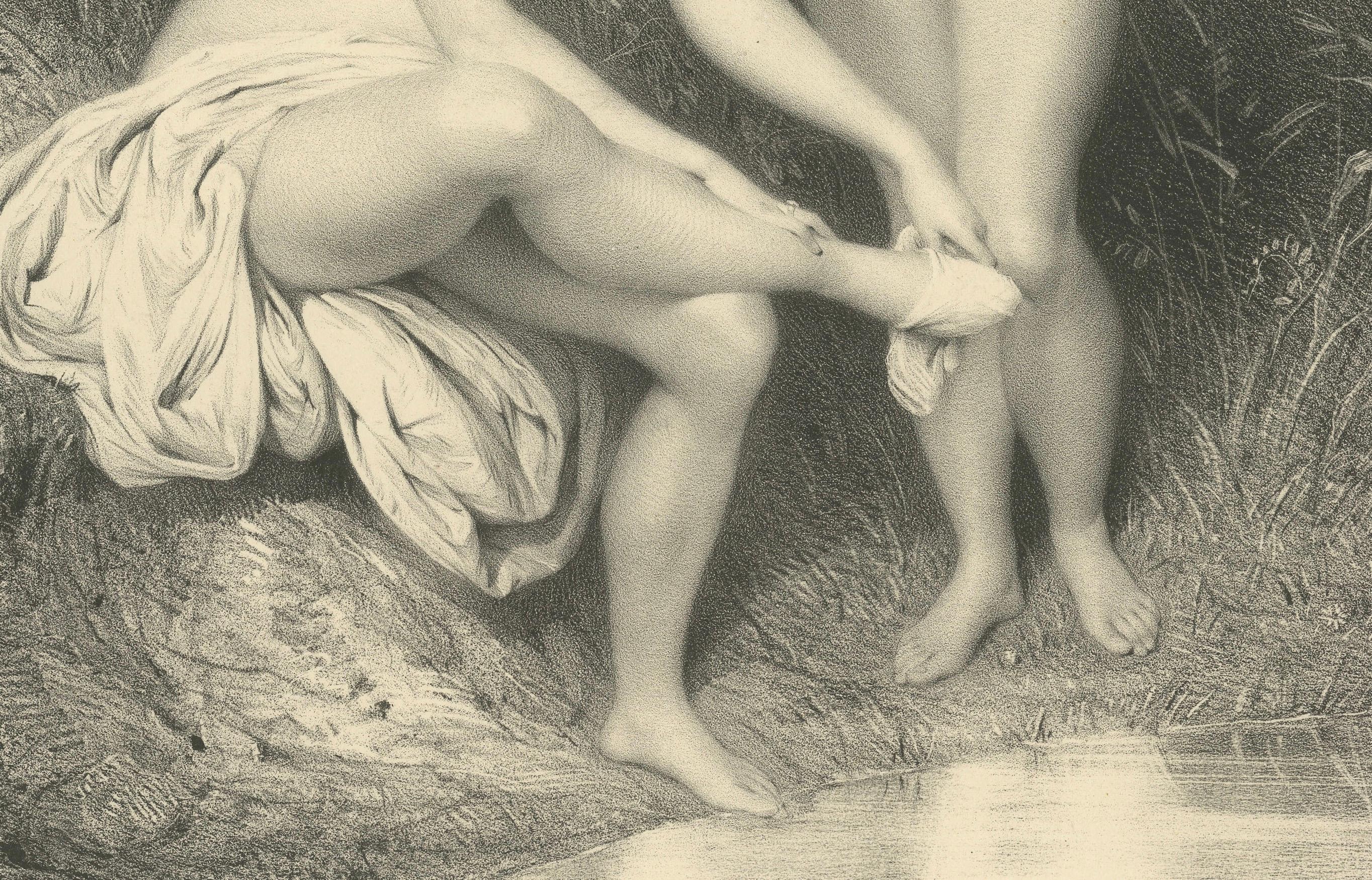 Les Sylphides - La orilla del agua, litografía de desnudo romántico, París circa 1840 Francés en venta