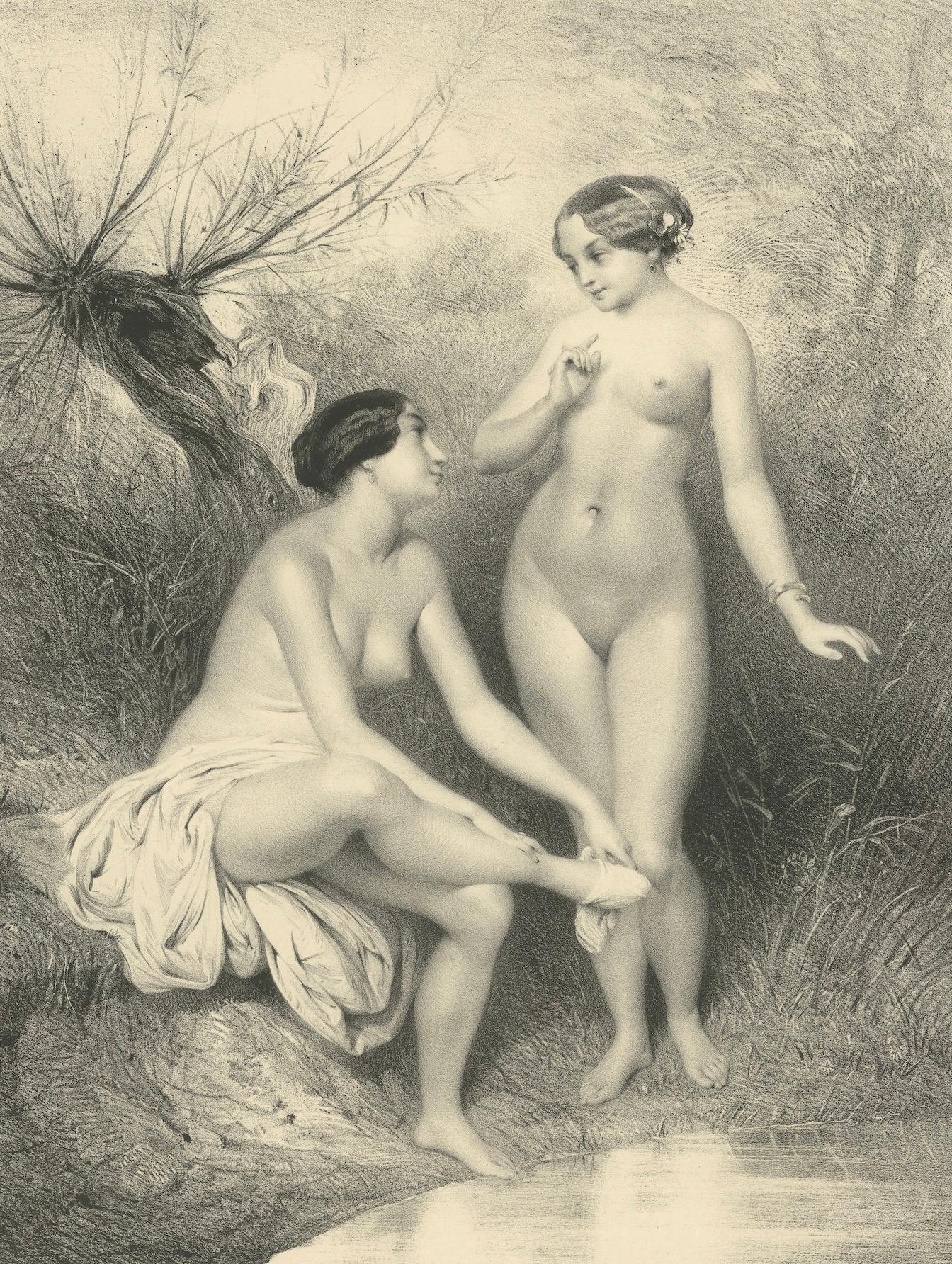 Les Sylphides - La orilla del agua, litografía de desnudo romántico, París circa 1840 en venta 1