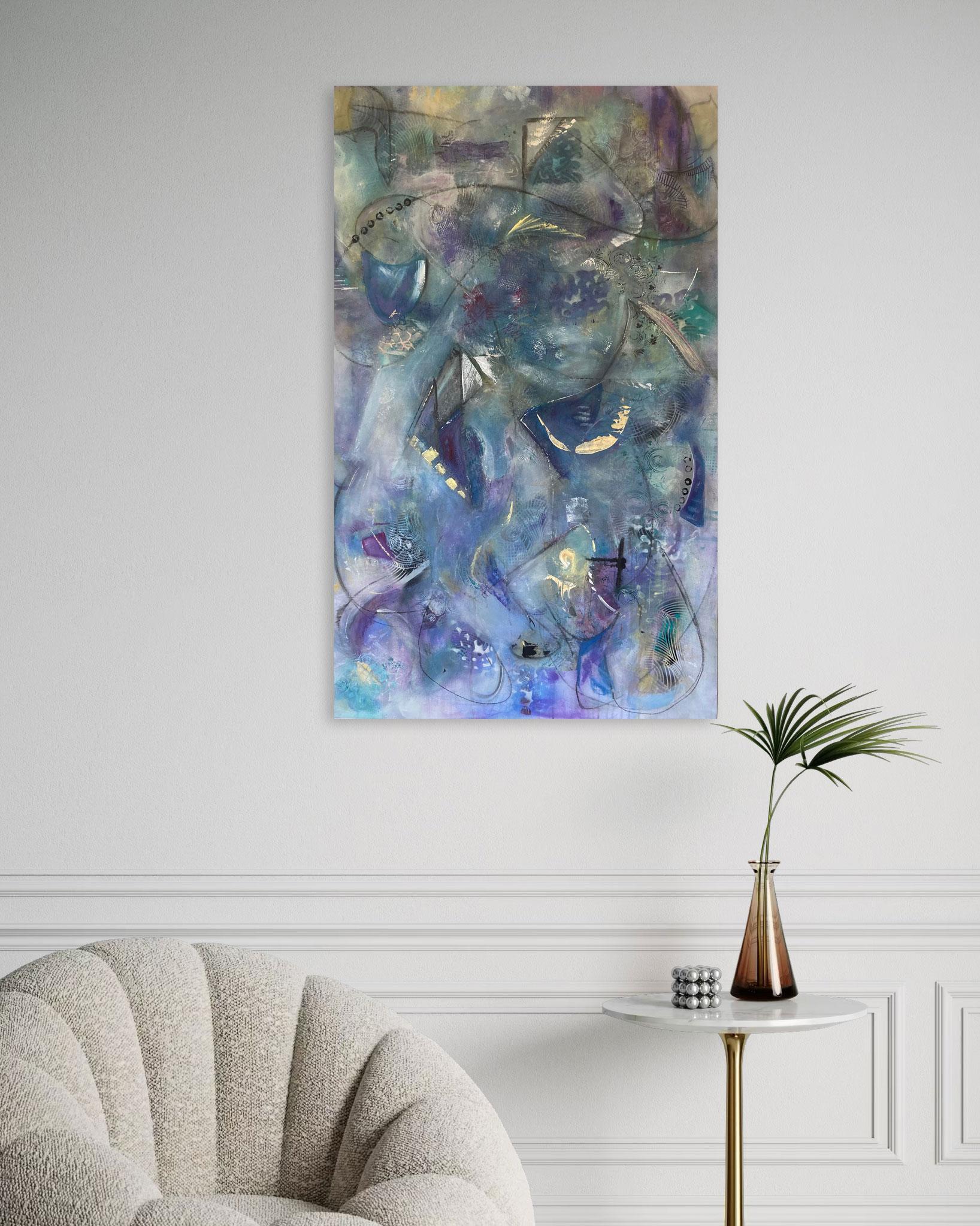 Carnaval  - Peinture abstraite bleue de Les Taylor en vente 1