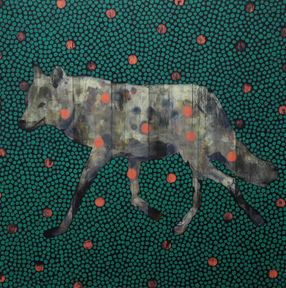 Original oil painting by Les Thomas from the 
Animal Painting
 series: Wolf. 

Patterns are built on top of one another, peachy polka dots create vibrancy and movement around the reflective coat of this pacing wolf. Living in the foothills of the