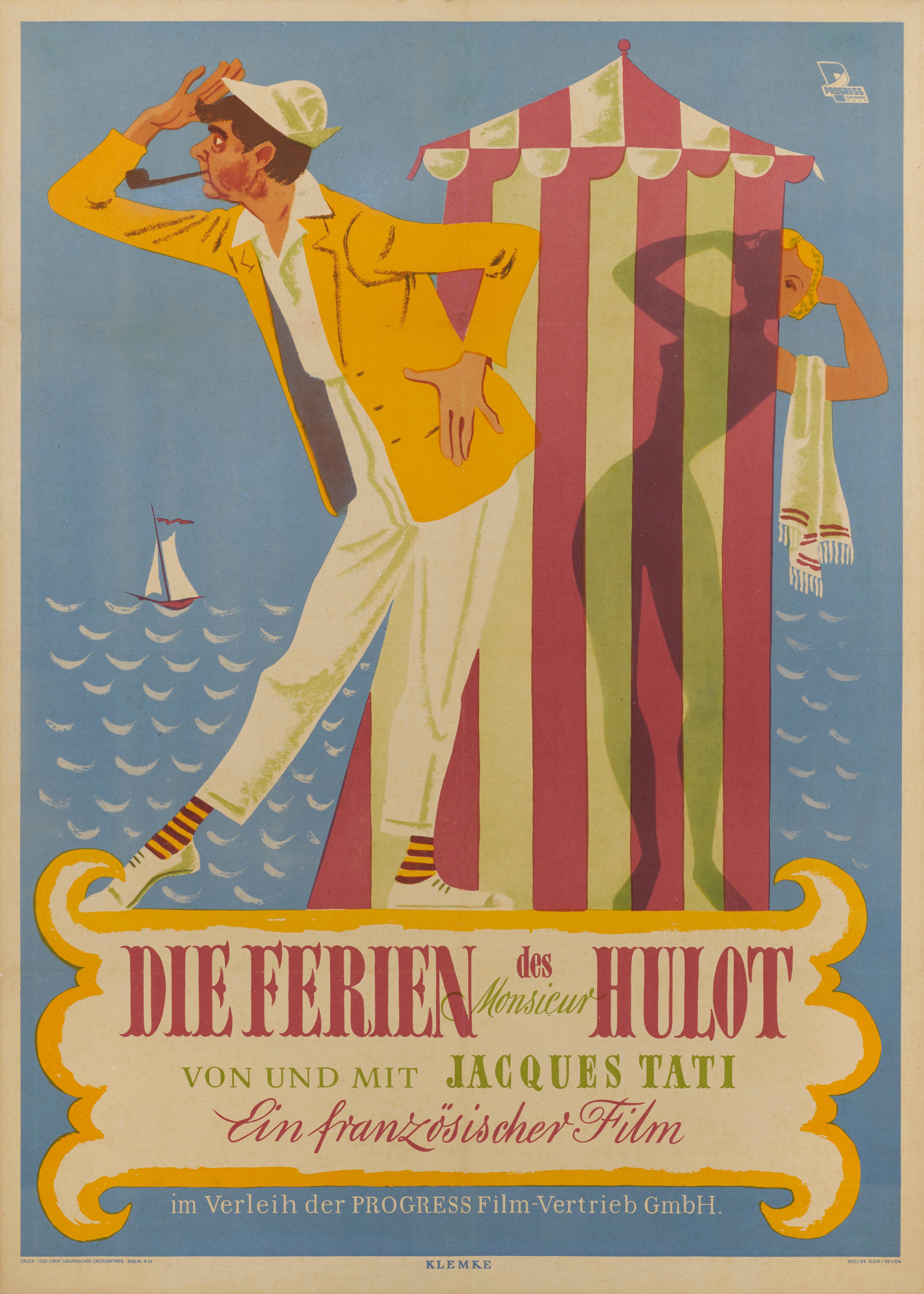Affiche originale d'Allemagne de l'Est pour la comédie de Jacques Tati de 1953 qu'il a réalisée et dans laquelle il a joué.