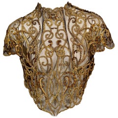 Lesage Paris Couture Hand Beaded Gold Beads on Sheer Black Tulle Top