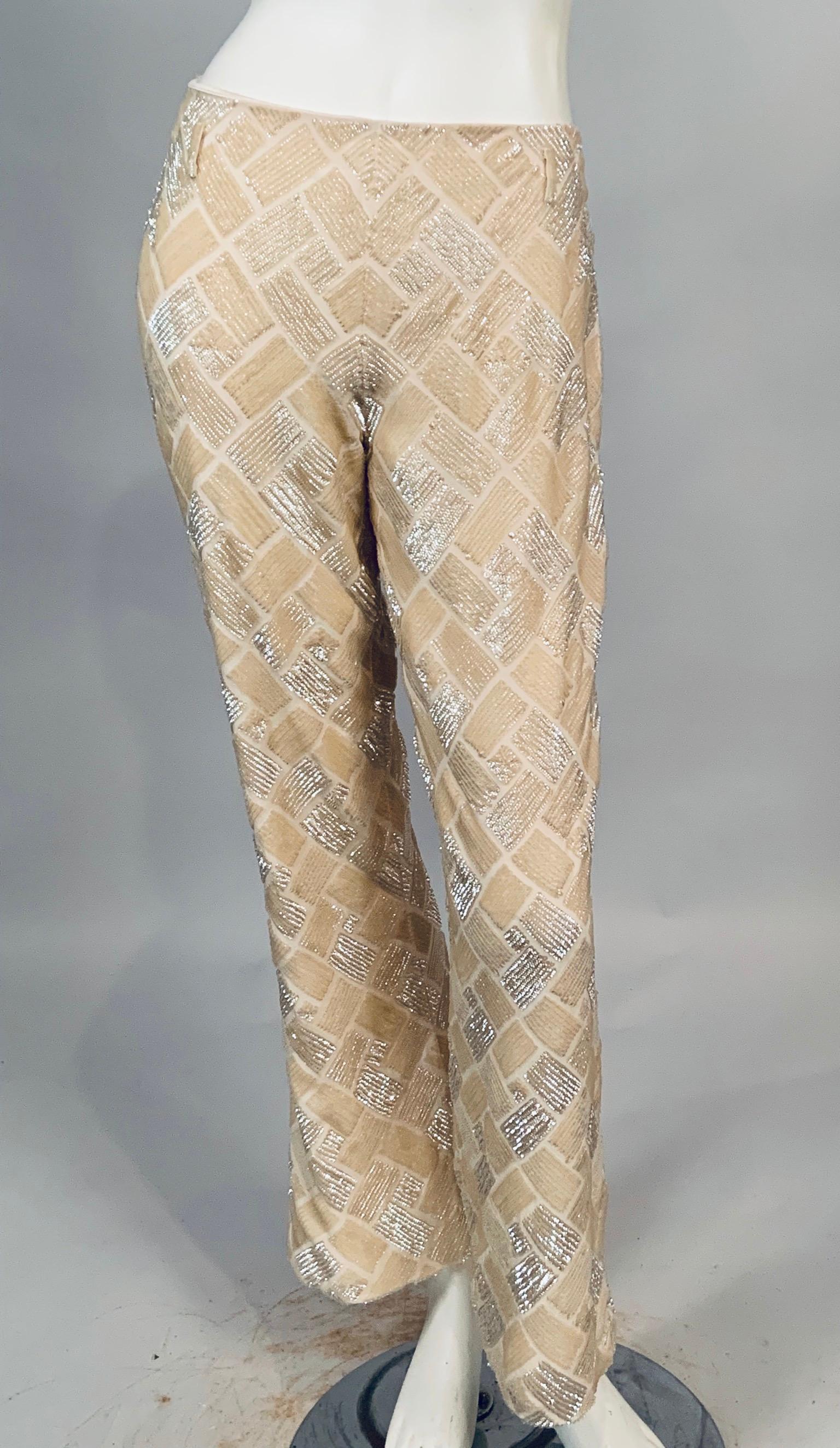 Beige Lesage, Paris Hand Beaded Cream Silk Pants Designed by Maggie Norris Couture For Sale