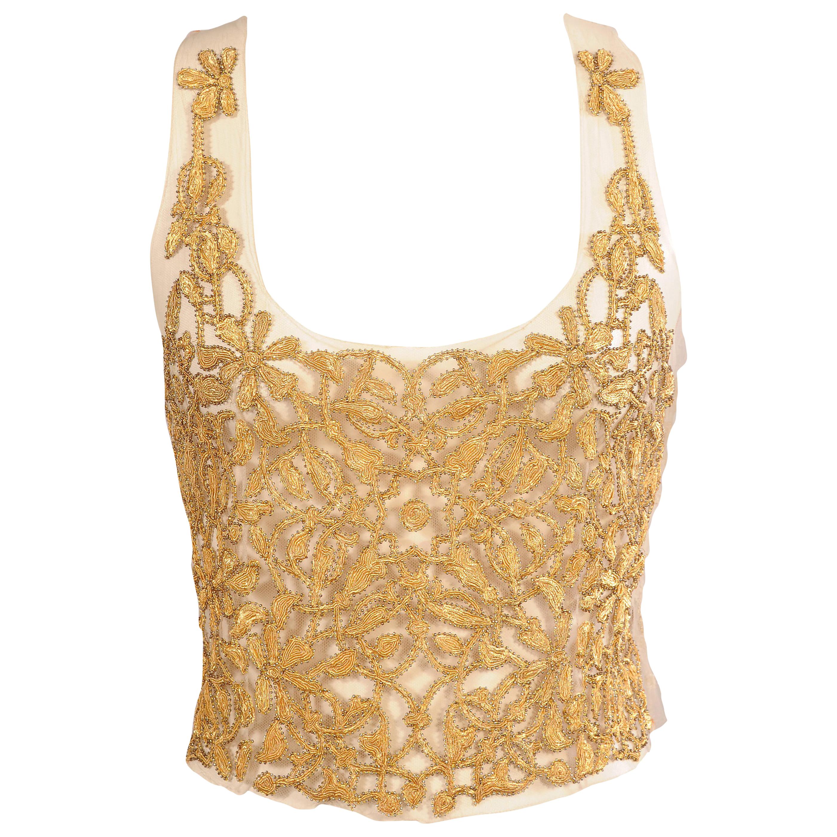  Lesage Paris Tulle Bodice Hand Sewn Gold Beads Soutache Maggie Norris Couture