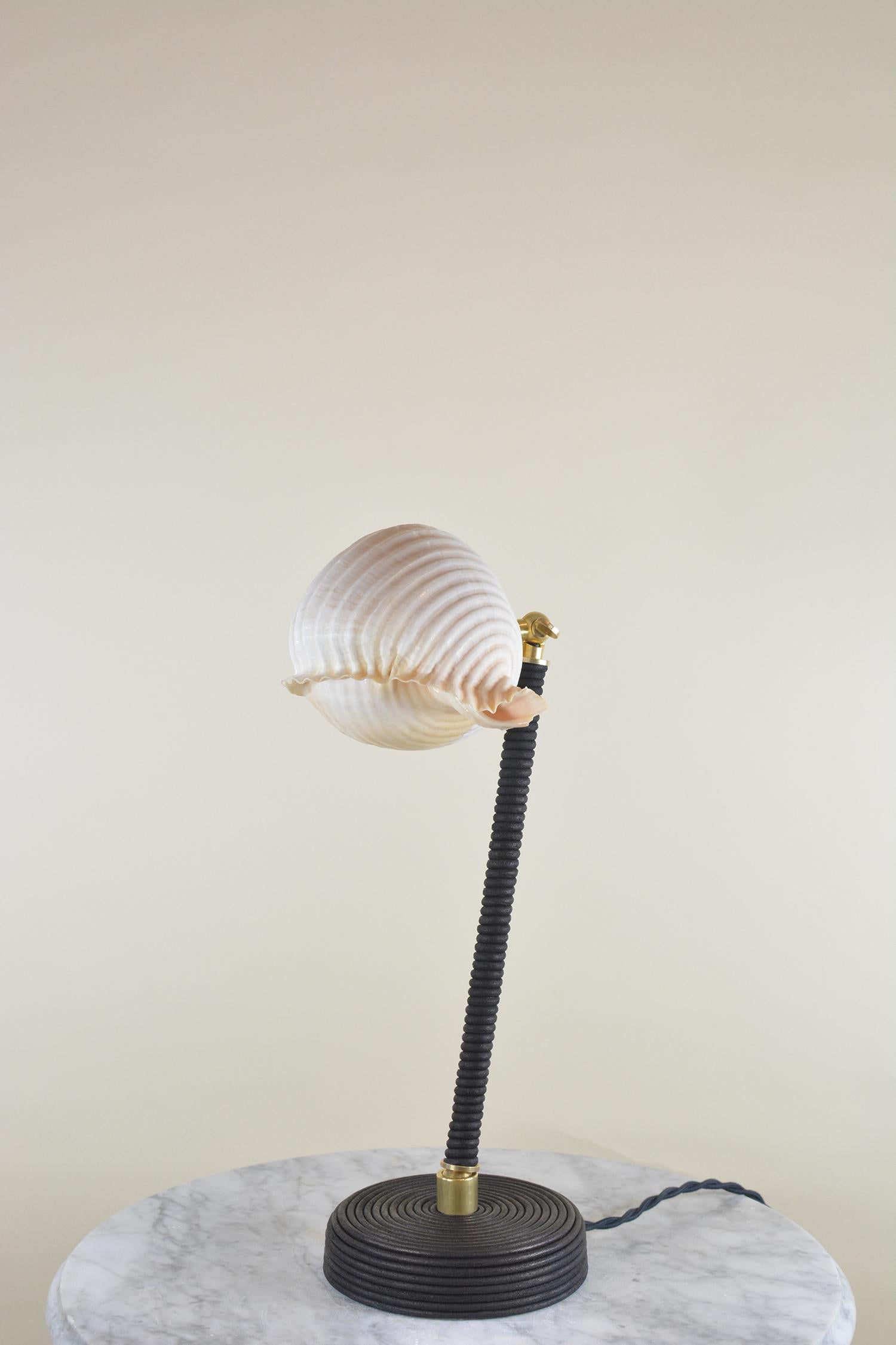 ‘L’Escargot Lamp’ in Coiled Black Leather with Natural Sea Snail Shade For Sale 2