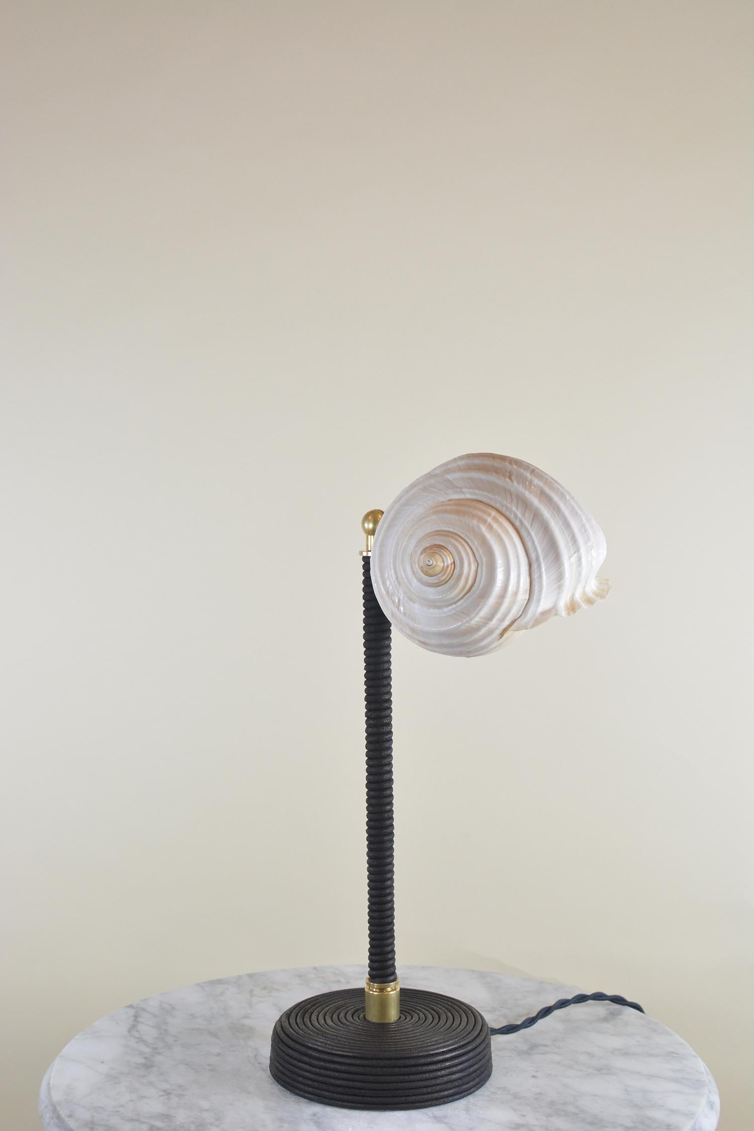 ‘L’Escargot Lamp’ in Coiled Black Leather with Natural Sea Snail Shade In New Condition For Sale In Brooklyn, NY