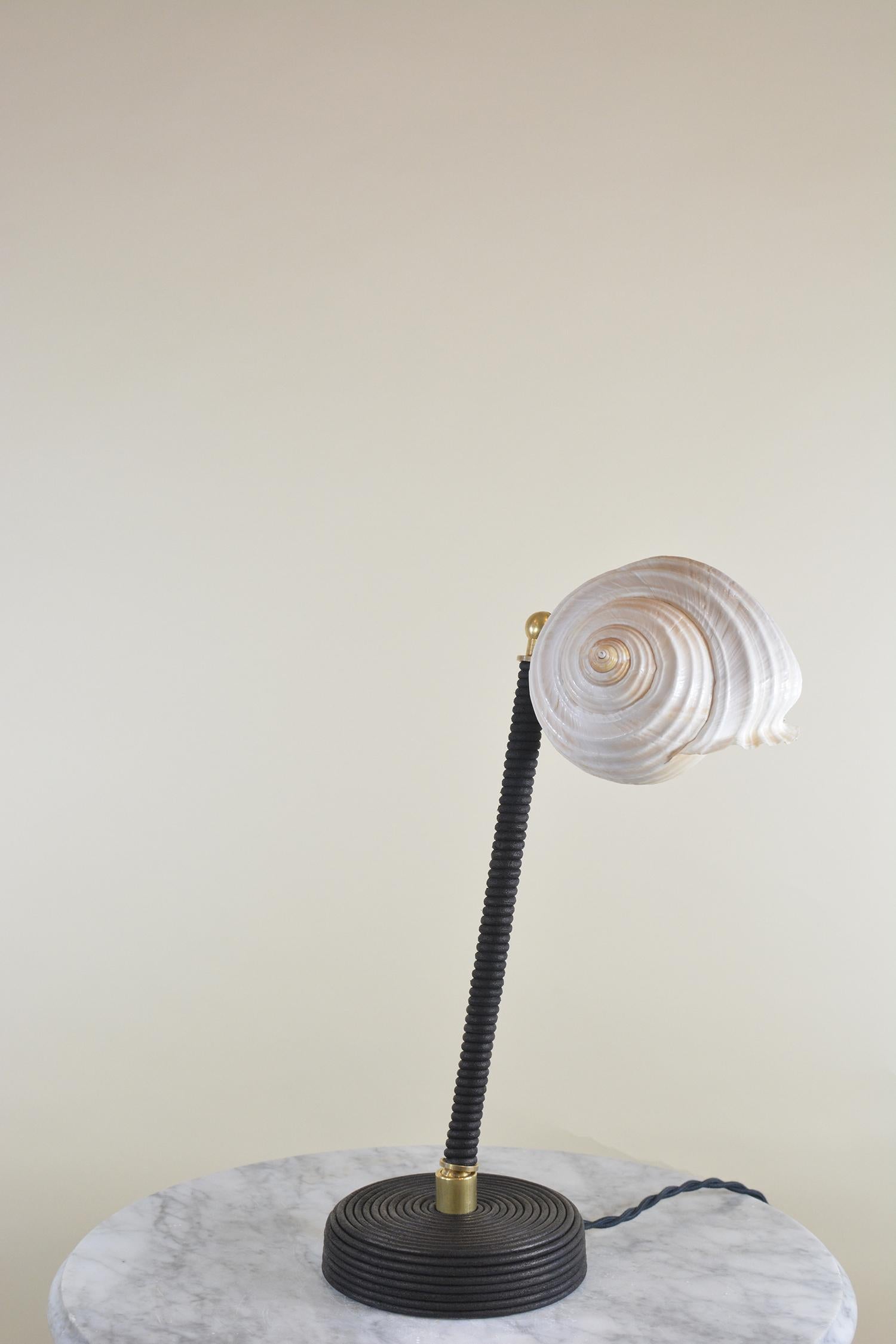 Contemporary ‘L’Escargot Lamp’ in Coiled Black Leather with Natural Sea Snail Shade For Sale