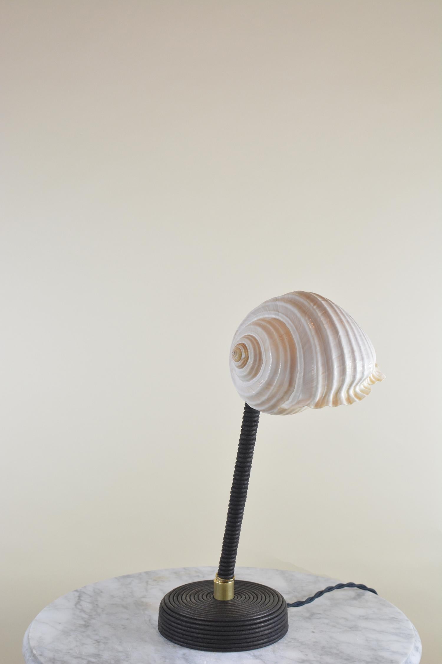 Brass ‘L’Escargot Lamp’ in Coiled Black Leather with Natural Sea Snail Shade For Sale