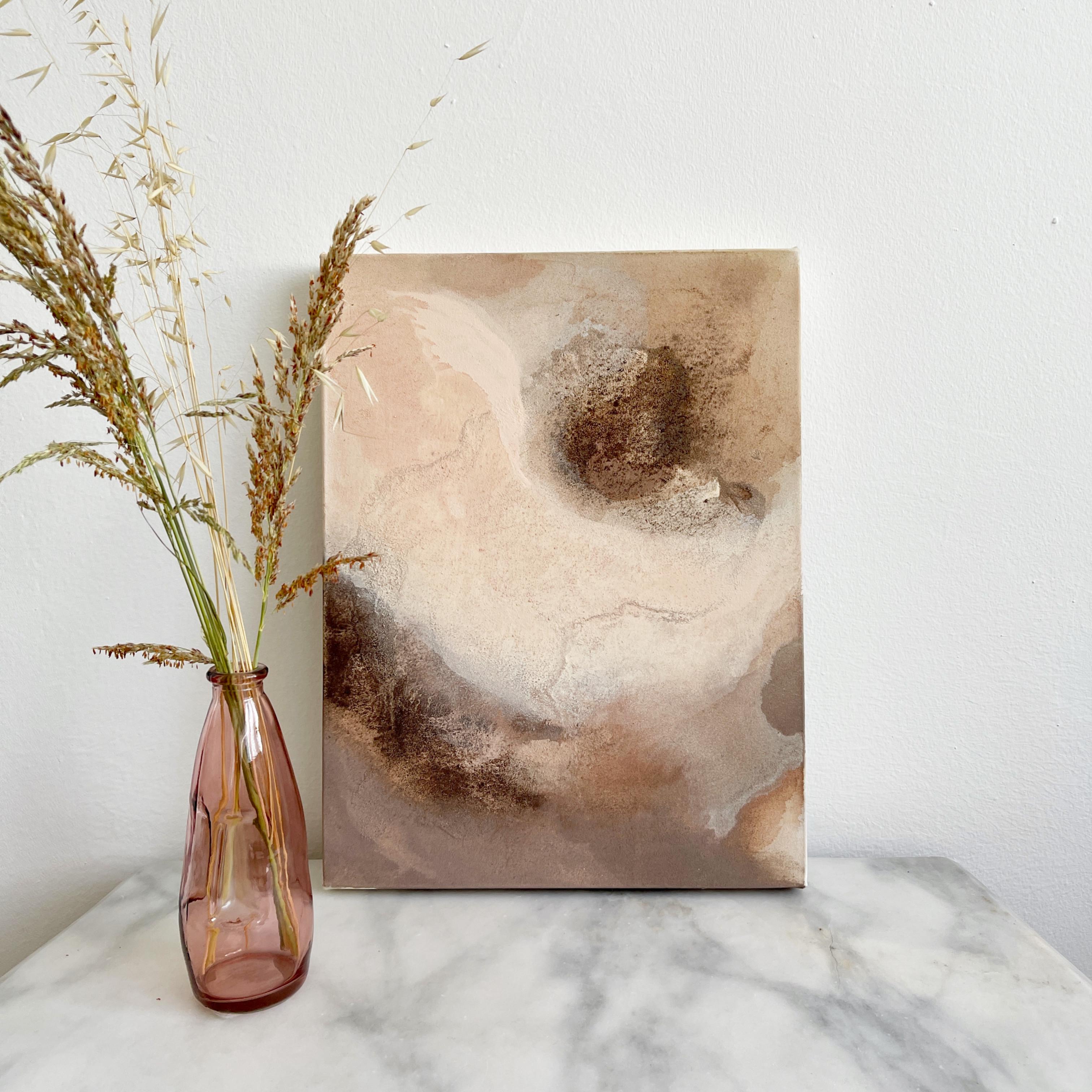 quadriptyque « Beige feeling » abstrait, beige, toile brute, café en vente 3