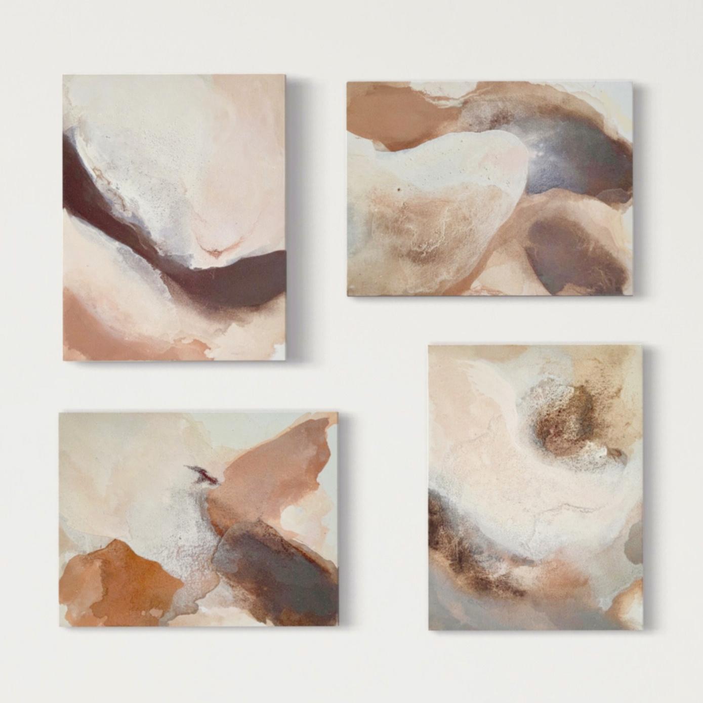 "Beige feeling" quadriptych abstraction, beige, brown, raw canvas, coffee