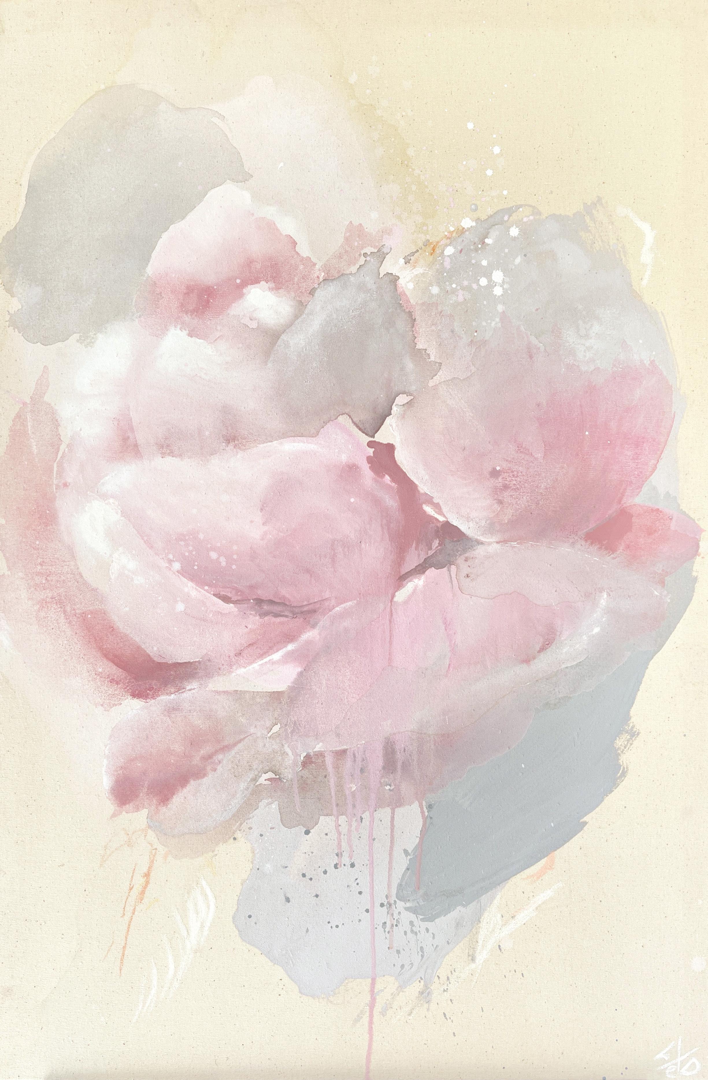 Lesia Danilina Abstract Painting - "Endless Summer" flowers, peony, raw canvas, semi-abstract, delicate pink