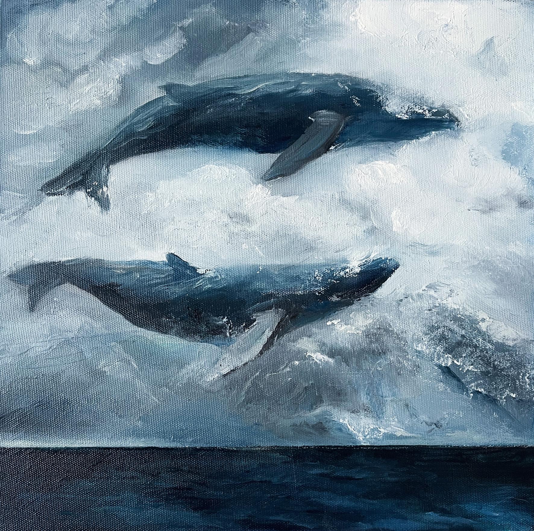 Lesia Danilina Landscape Painting – „Heavenly ocean“ Wale am Himmel, Meereslandschaft, Himmel, Wolken, Sturm, Regen