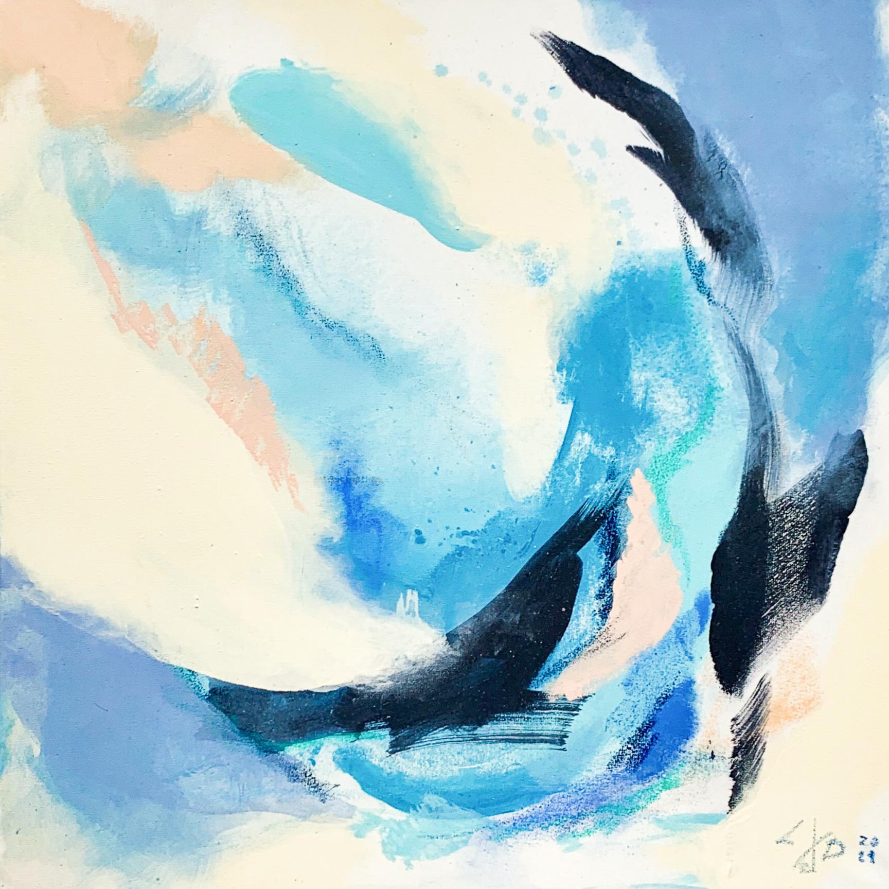 Abstract Painting Lesia Danilina - "Moments of summer2" (Moments de l'été) expressionnisme abstrait, bleu, beige, mer, ciel