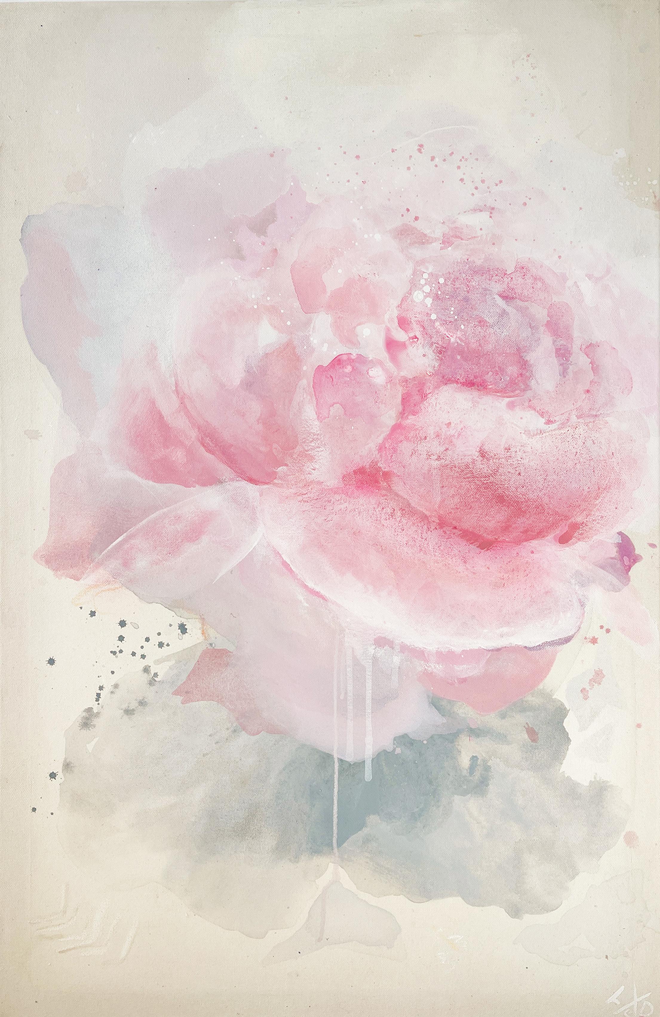 Lesia Danilina Abstract Painting - "Roses for dessert" flowers, raw canvas, semi-abstract, delicate pink