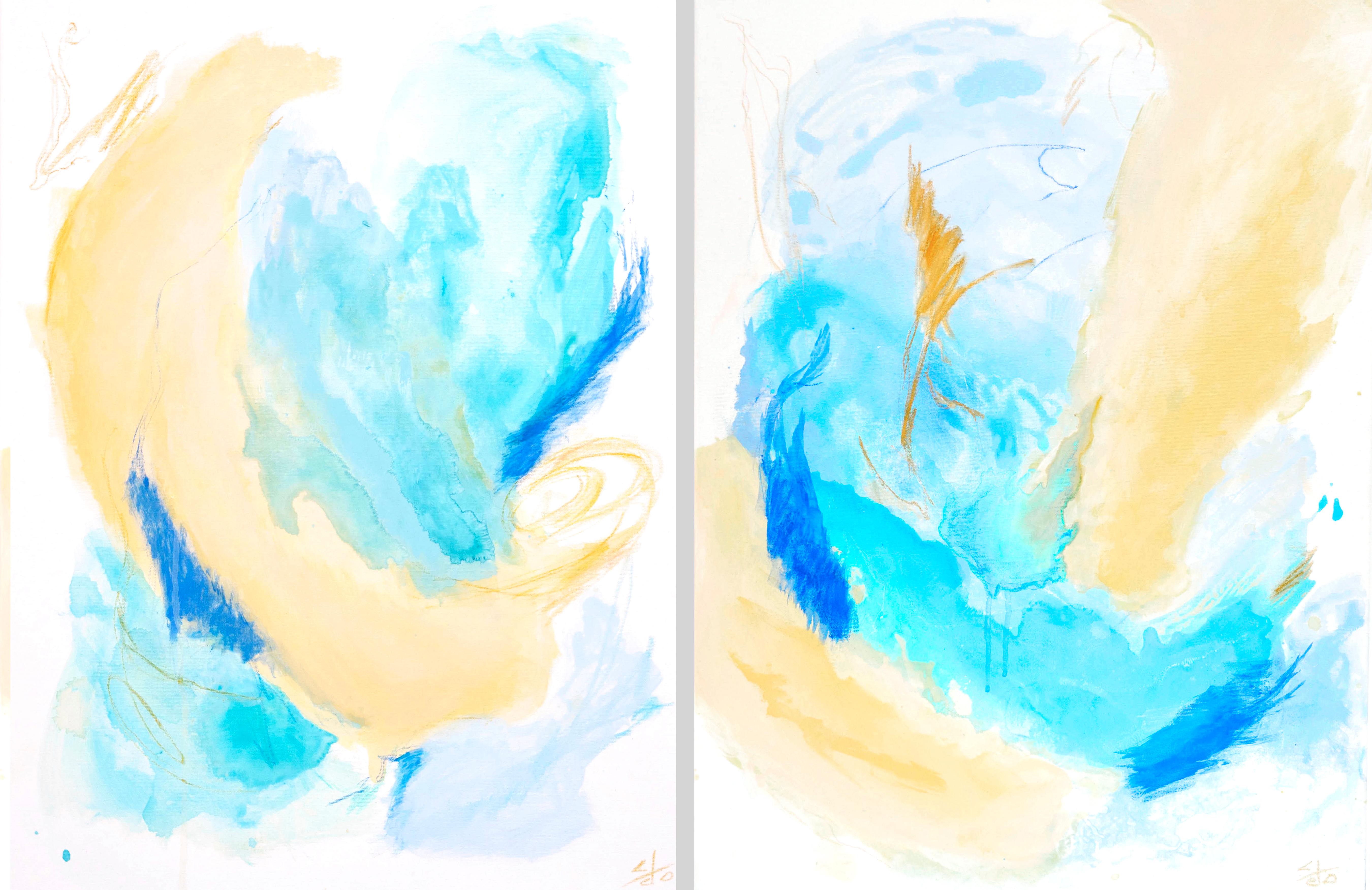 Lesia Danilina Abstract Painting - "Sea moments " diptych abstract expressionism, blue, beige, sea, sky