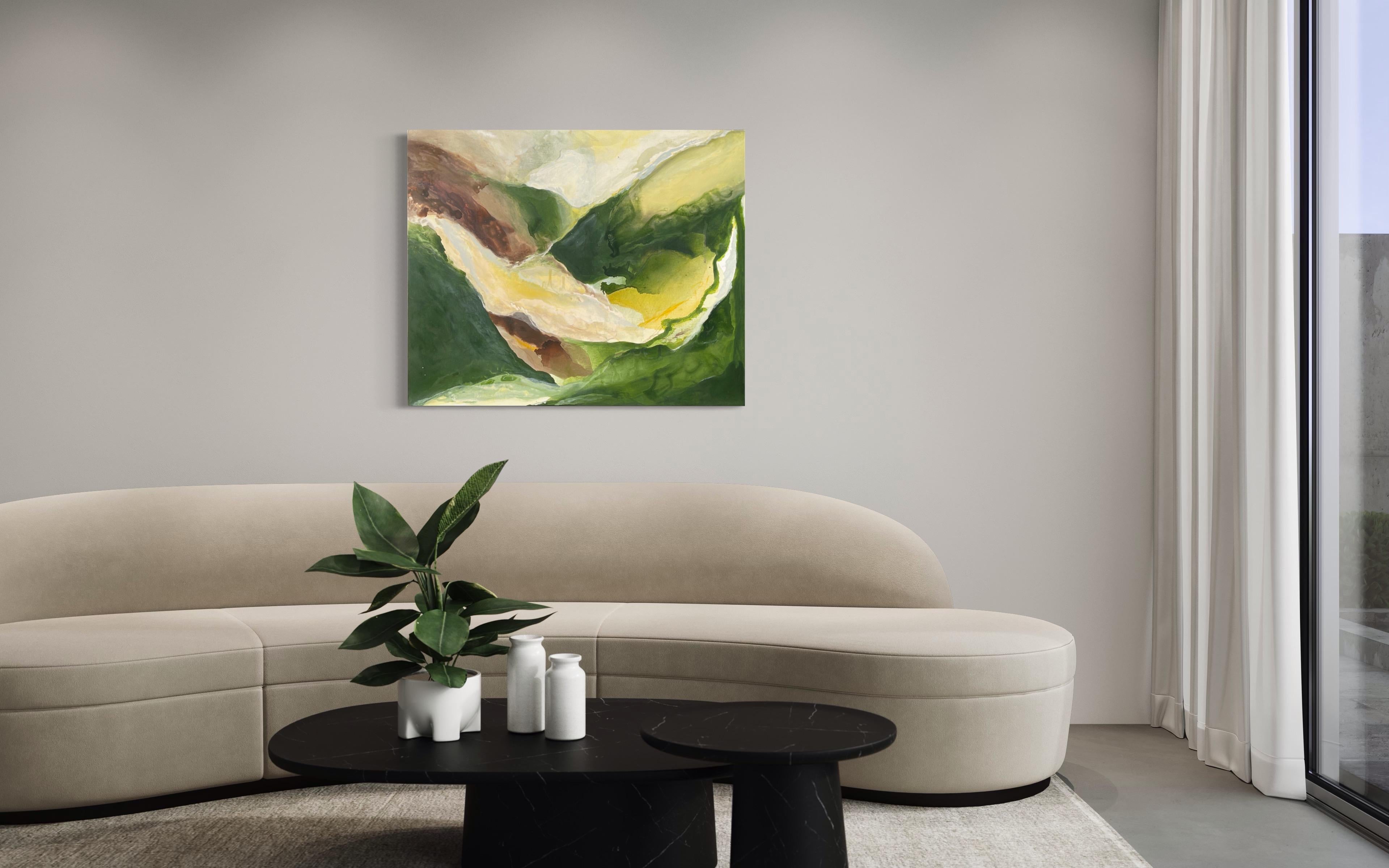 « durabilité » abstrait, vert, jaune, marron, nature, montagnes - Painting de Lesia Danilina