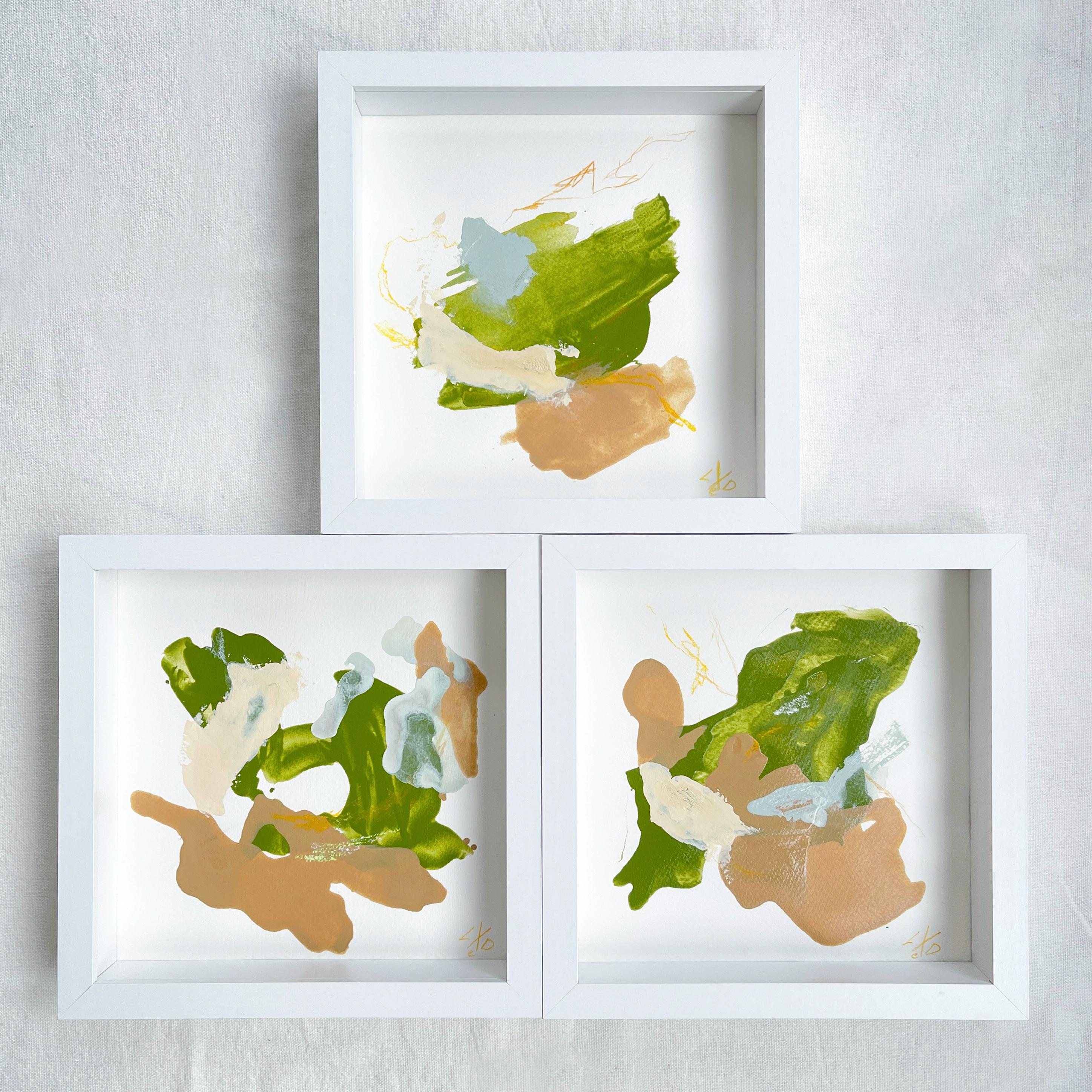 Triptych "Fundamentality" abstract, green, brown, beige, miniature