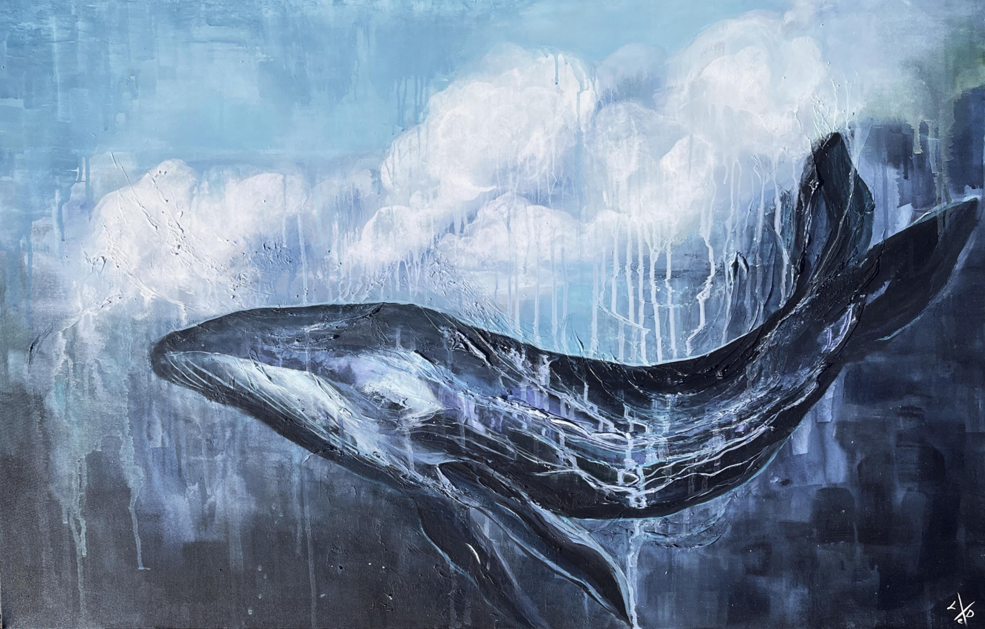 "Whale in the sky" semi-abstract, whale, sky, painting for living room bedroom - Mixed Media Art by Lesia Danilina