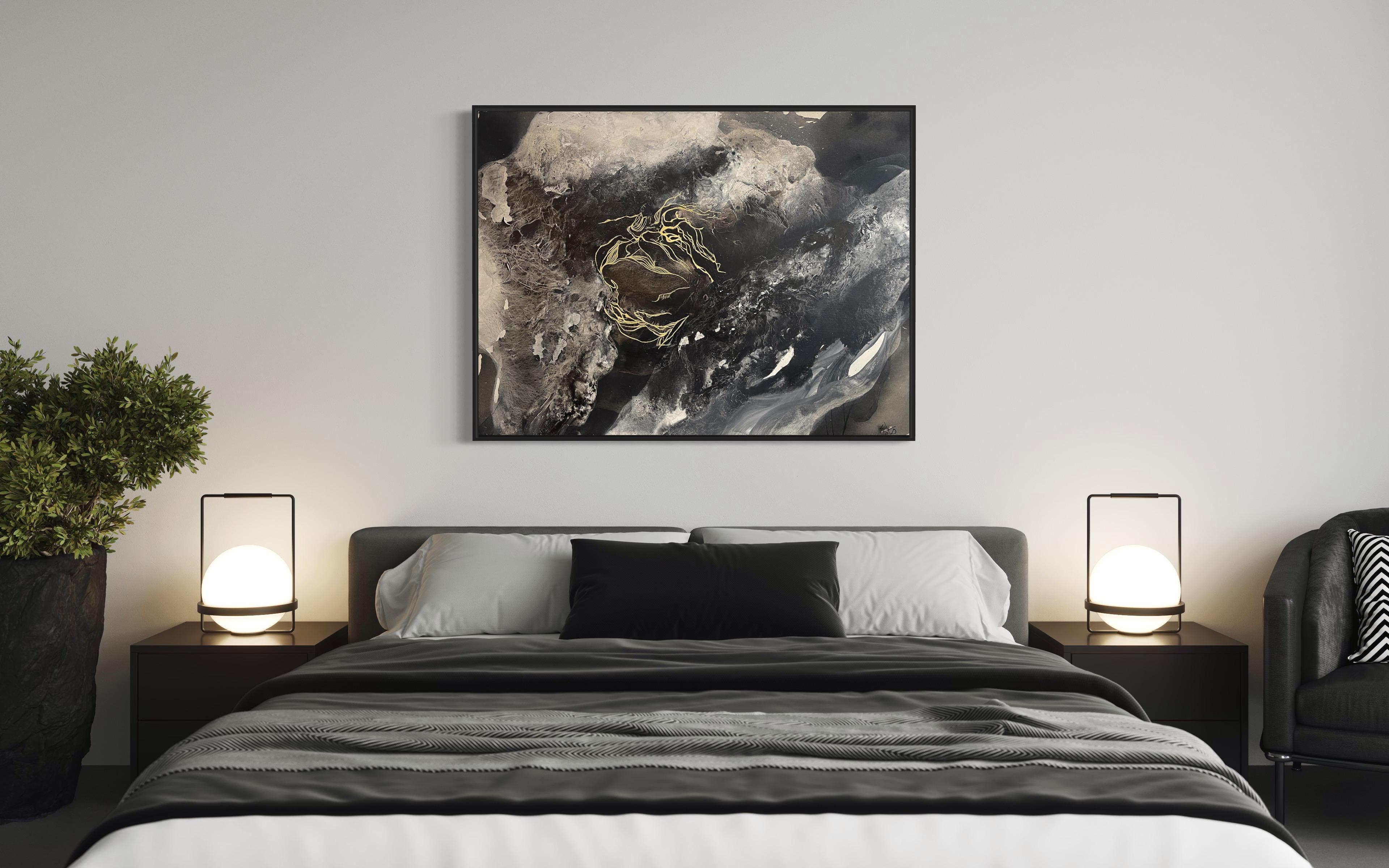Abstraction « Your moon », grande peinture, monochrome, noir et blanc  1