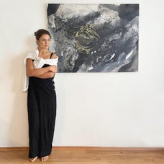 "Your moon" abstraction, large painting, monochrome, black and white