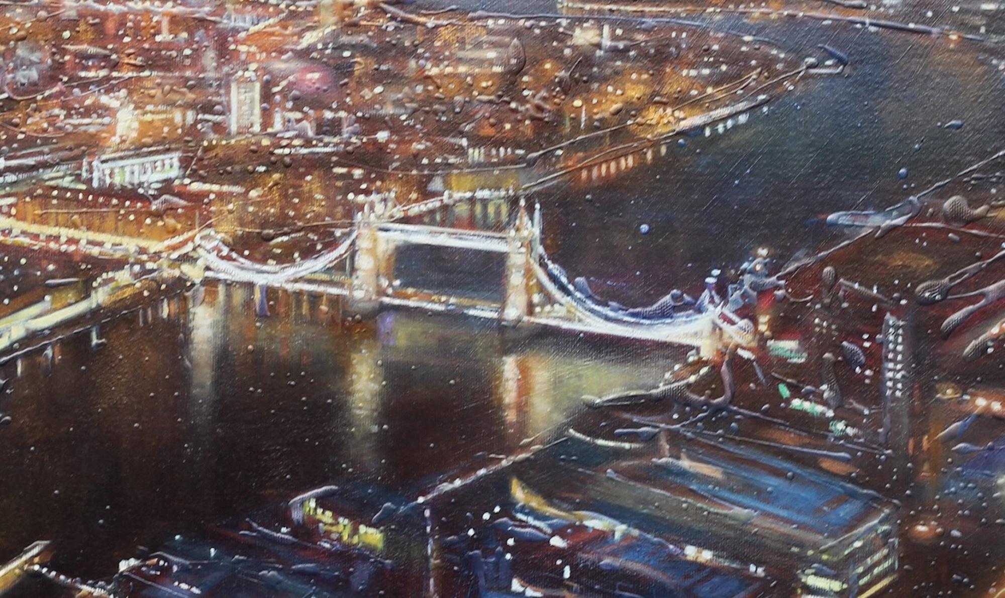 Tower Bridge From The Shard, Pintura Paisaje Urbano de Londres, Arte Vista Aérea - Abstract Painting Negro de Lesley Ann Derks