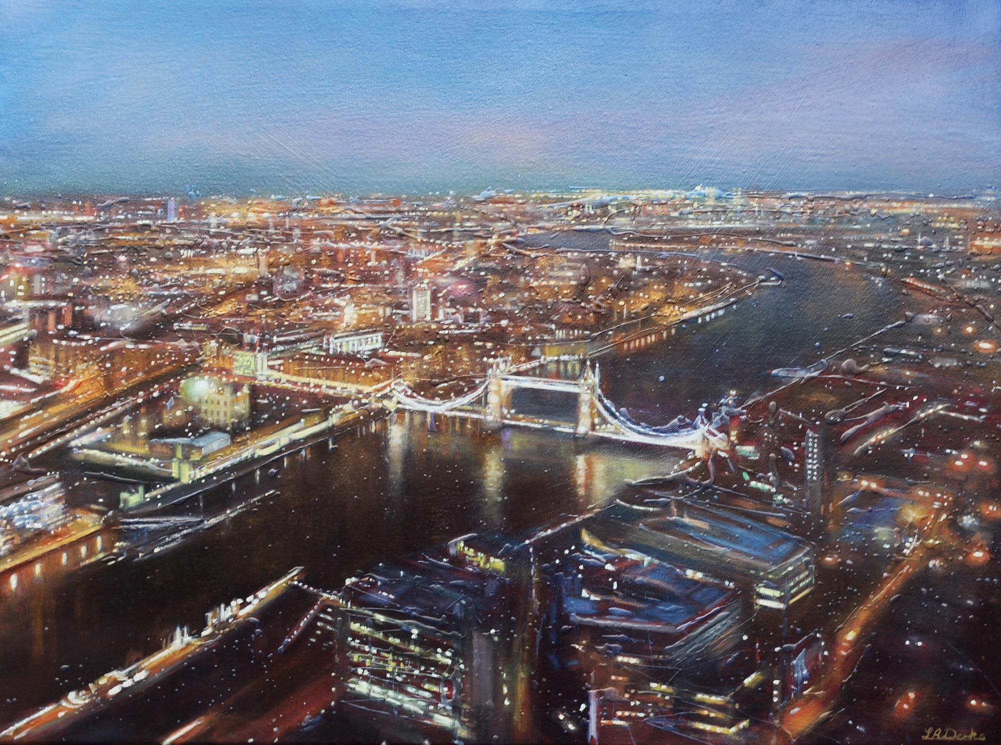 Lesley Ann Derks Abstract Painting - Tower Bridge From The Shard, London Cityscape Painting, Aerial View Art