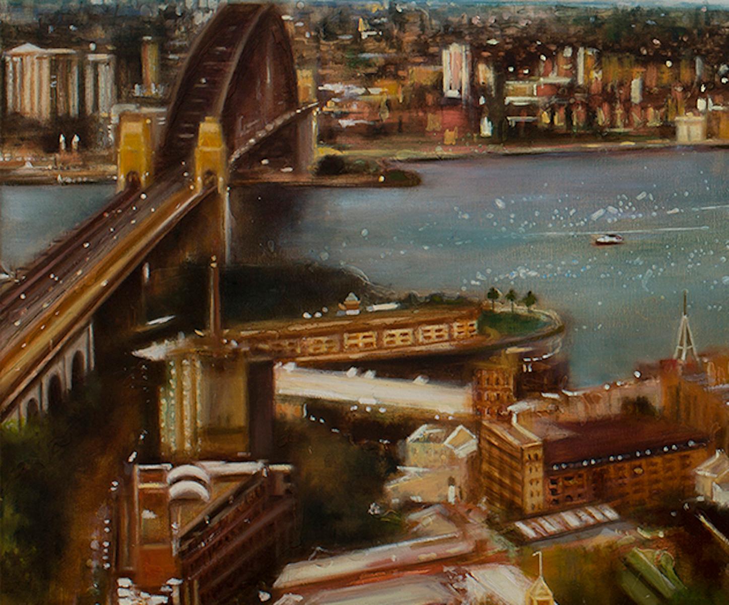 Sydney by Day, Realist Australian Cityscape Painting Sydney, Architecture Art - Gray Figurative Painting by Lesley Anne Derks