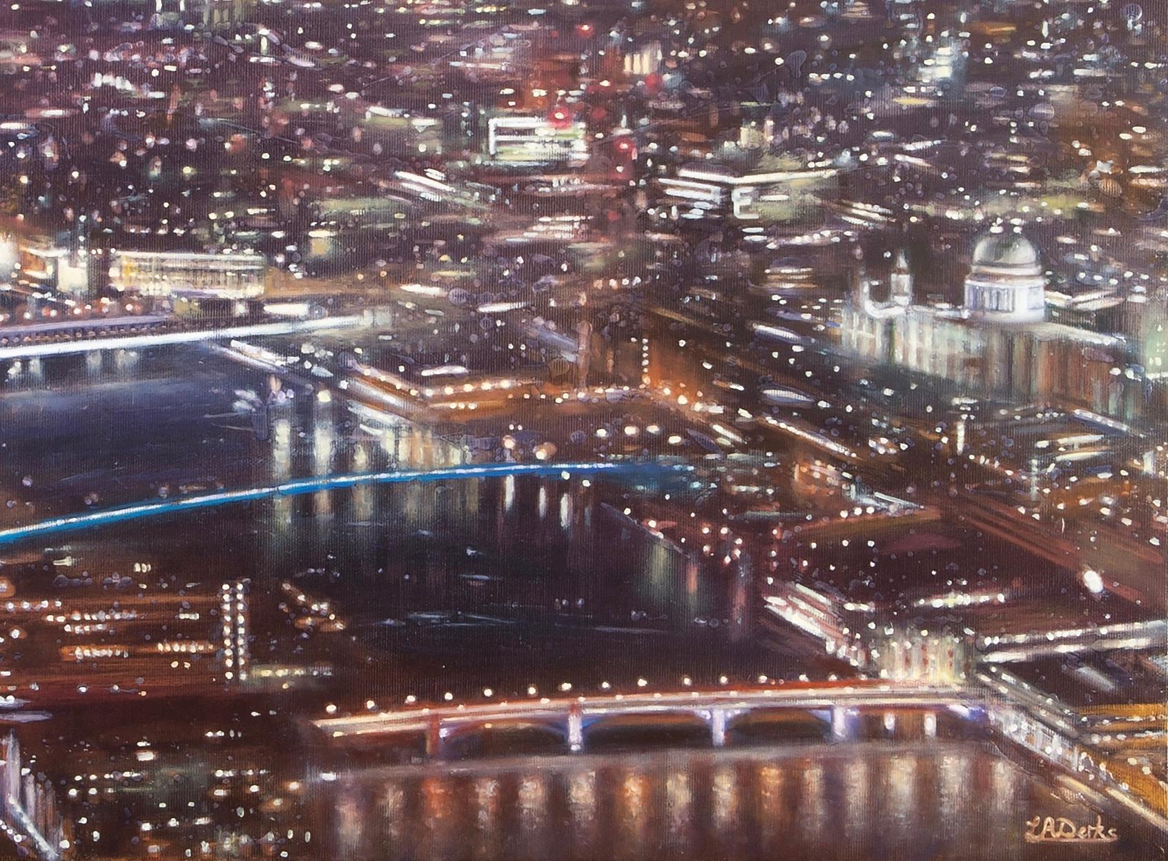 View of St. Pauls from the Shard, Vibrant Cityscape of London, Evening Skyline - Realist Painting by Lesley Anne Derks