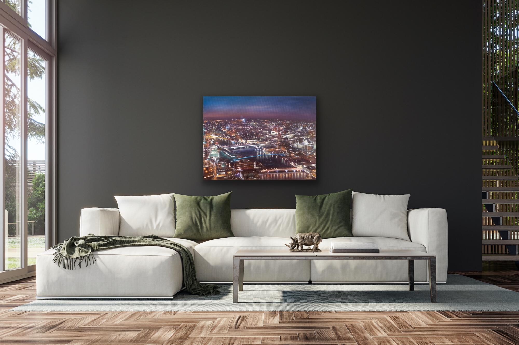This painting is a view of St. Paul’s cathedral from The Shard. I love how this composition incorporates many bridges and St. Paul’s Cathedral at night.

Discover more original artwork by Lesley Anne Derks with Wychwood Art online and in our